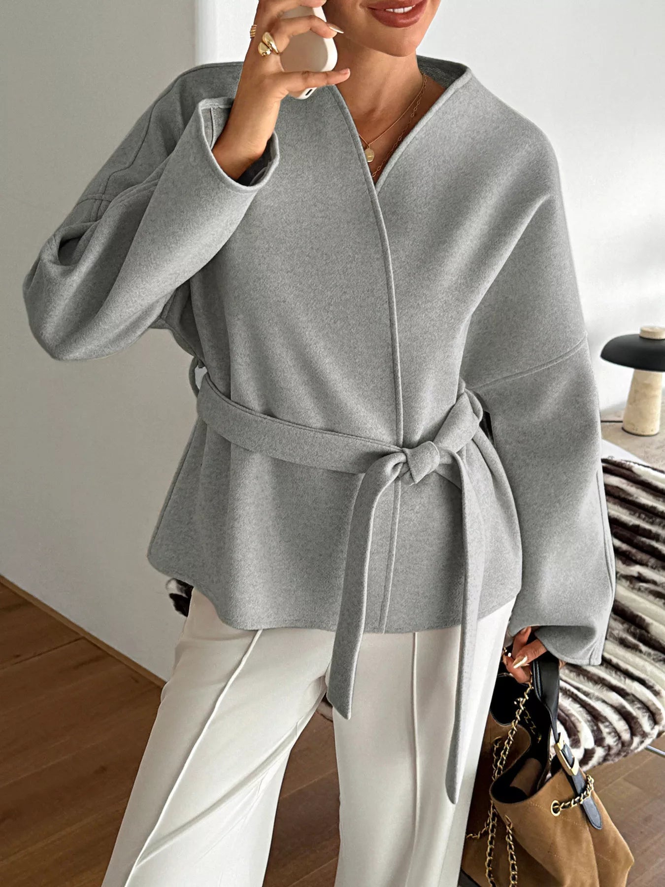 Surplice Dropped Shoulder Tie Belt Outerwear - Flip Flop Dynasty