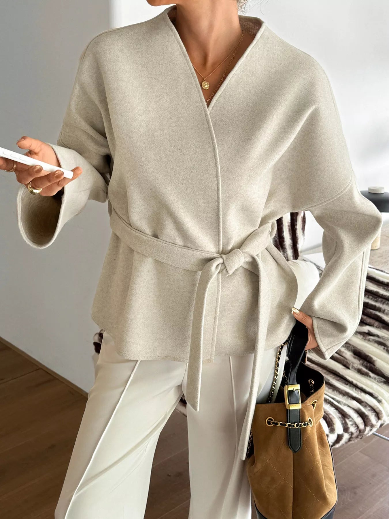 Surplice Dropped Shoulder Tie Belt Outerwear - Flip Flop Dynasty