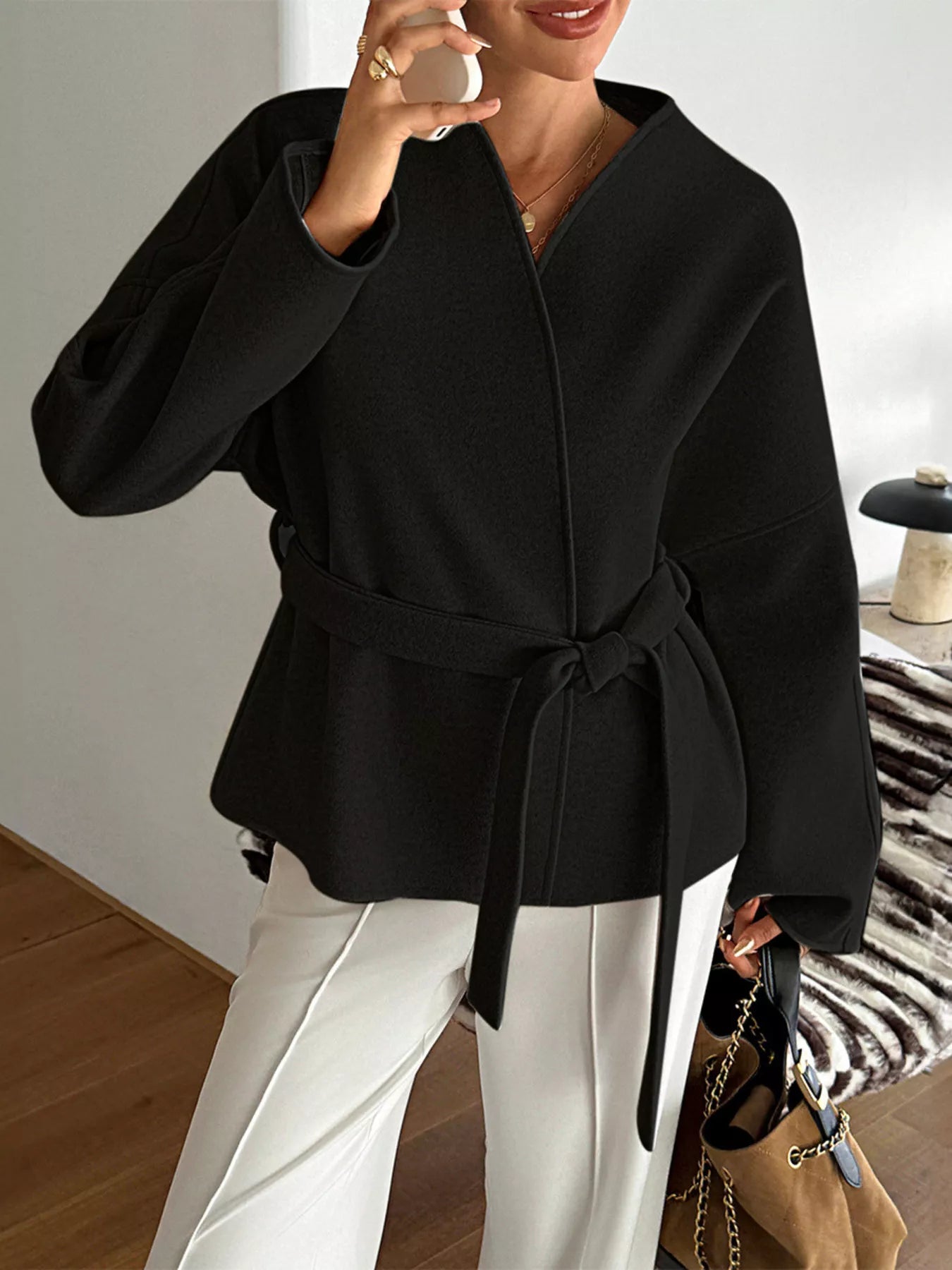 Surplice Dropped Shoulder Tie Belt Outerwear - Flip Flop Dynasty