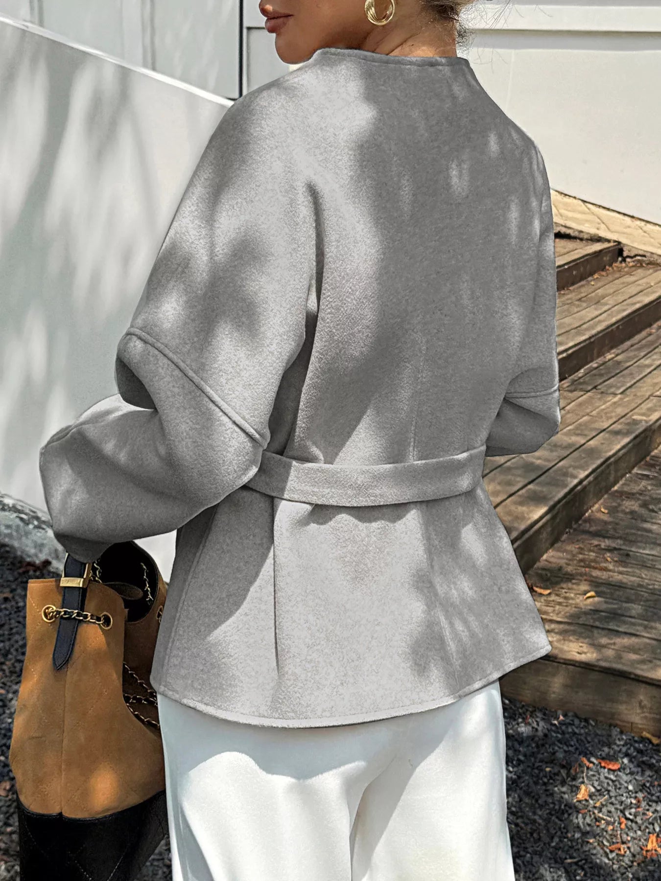 Surplice Dropped Shoulder Tie Belt Outerwear - Flip Flop Dynasty