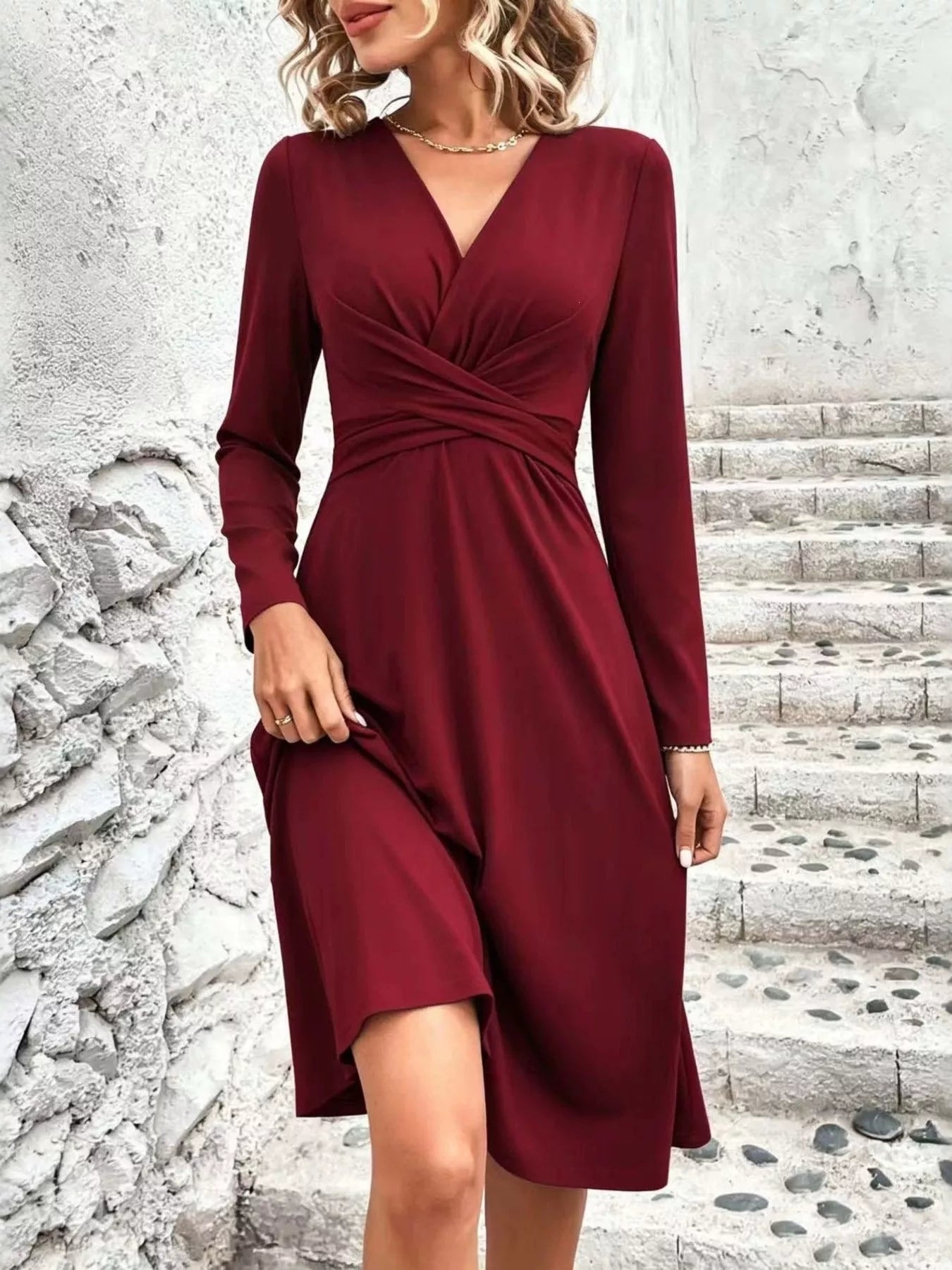 Surplice Long Sleeve Midi Dress - Flip Flop Dynasty