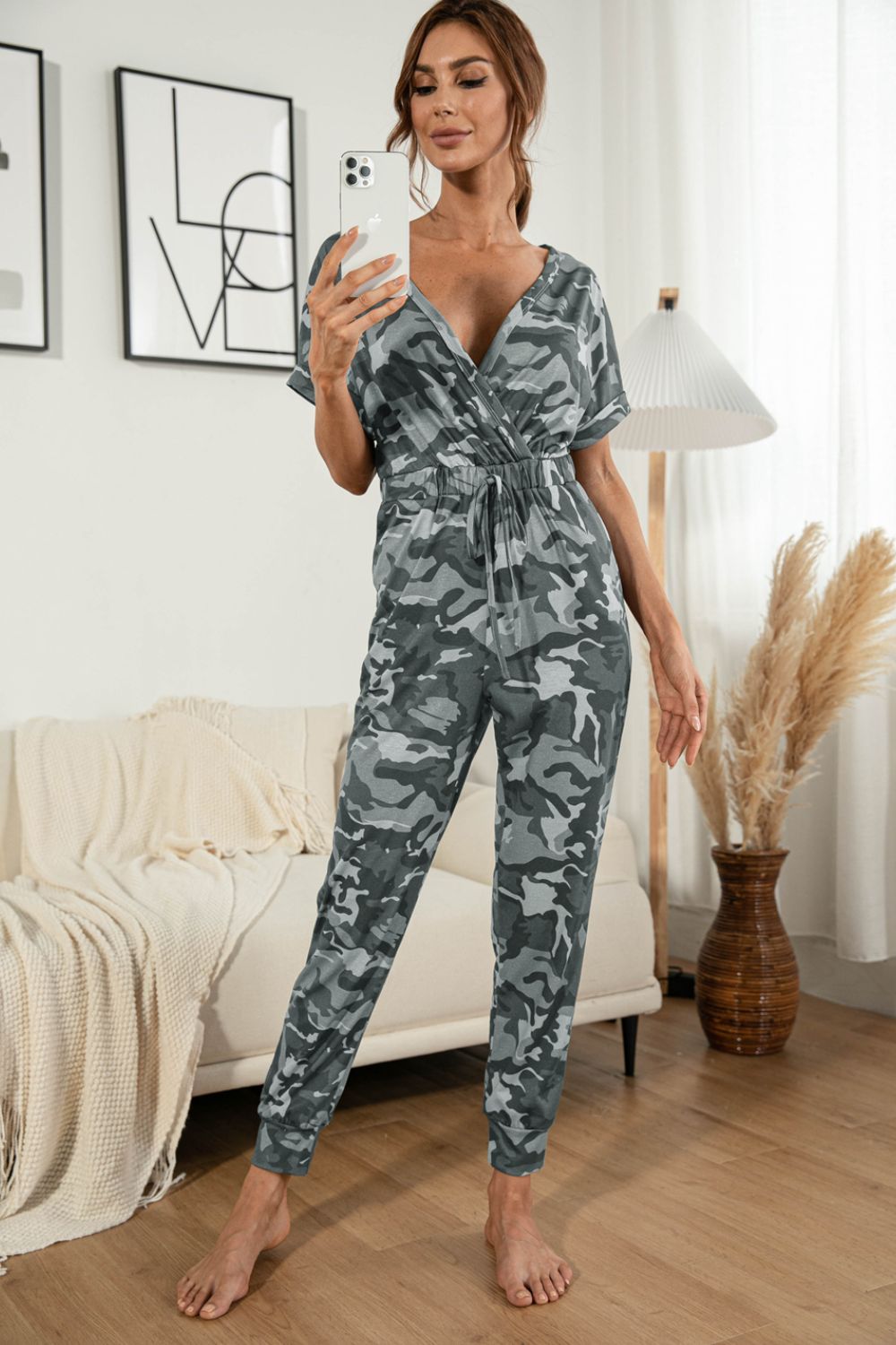 Surplice Neck Tied Short Sleeve Jumpsuit - Flip Flop Dynasty