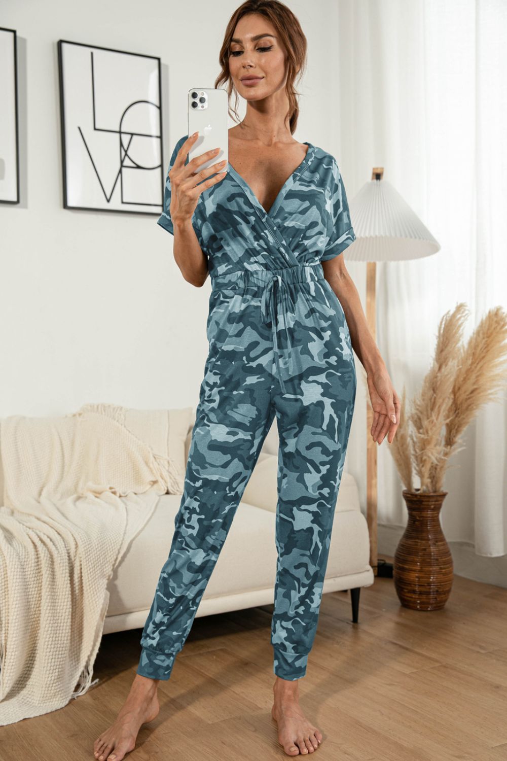 Surplice Neck Tied Short Sleeve Jumpsuit - Flip Flop Dynasty