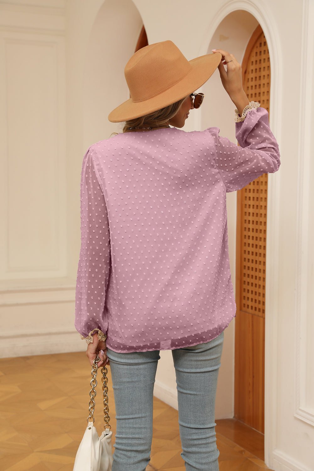 Swiss Dot Contrast V-Neck Blouse - Flip Flop Dynasty