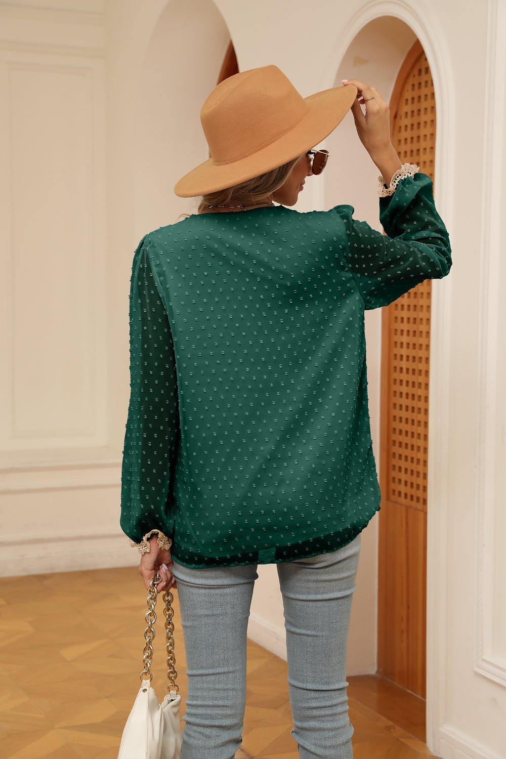 Swiss Dot Contrast V-Neck Blouse - Flip Flop Dynasty