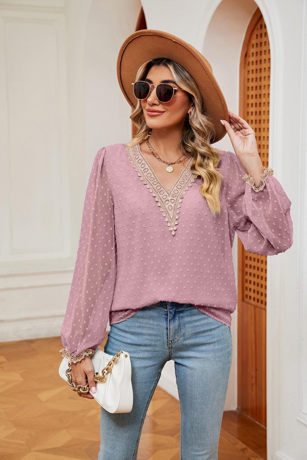 Swiss Dot Contrast V-Neck Blouse - Flip Flop Dynasty