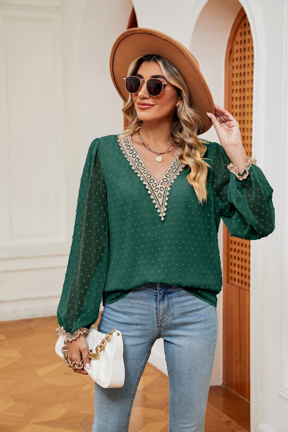 Swiss Dot Contrast V-Neck Blouse - Flip Flop Dynasty