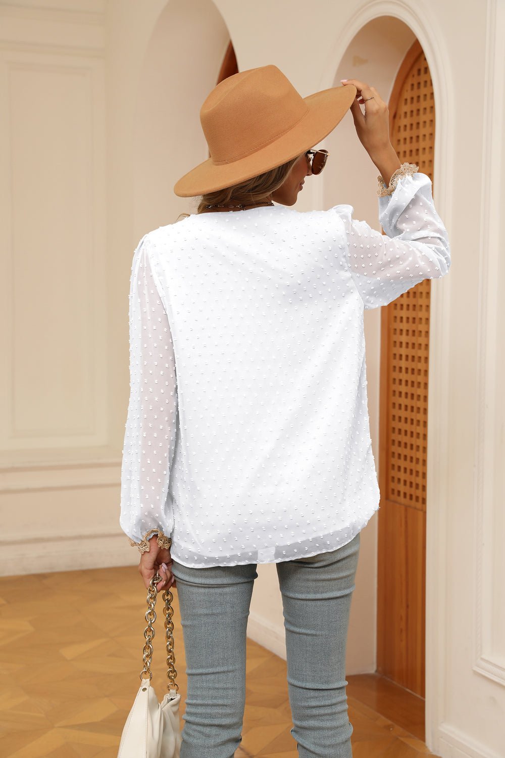 Swiss Dot Contrast V-Neck Blouse - Flip Flop Dynasty
