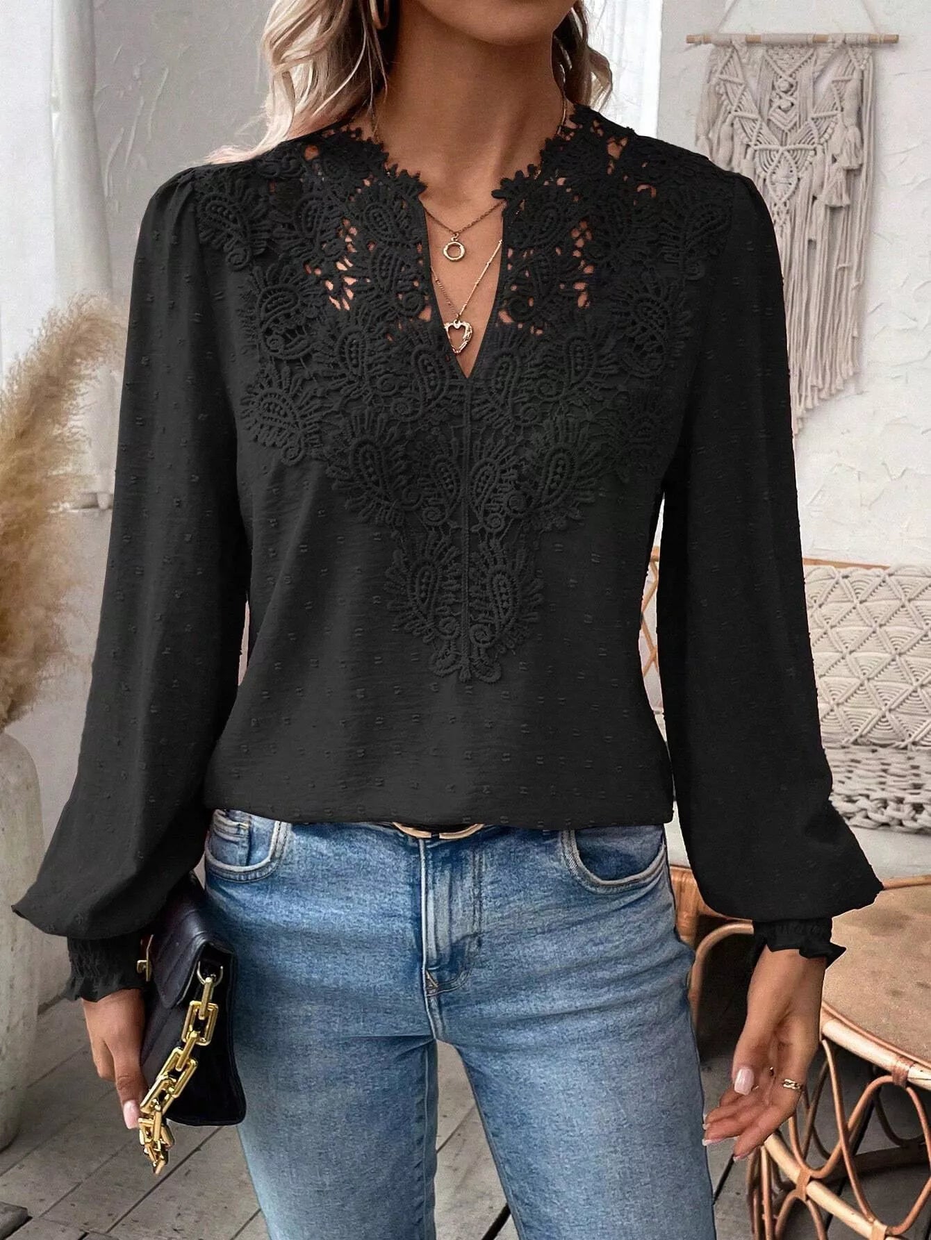 Swiss Dot Lace Detail Long Sleeve Blouse - Flip Flop Dynasty