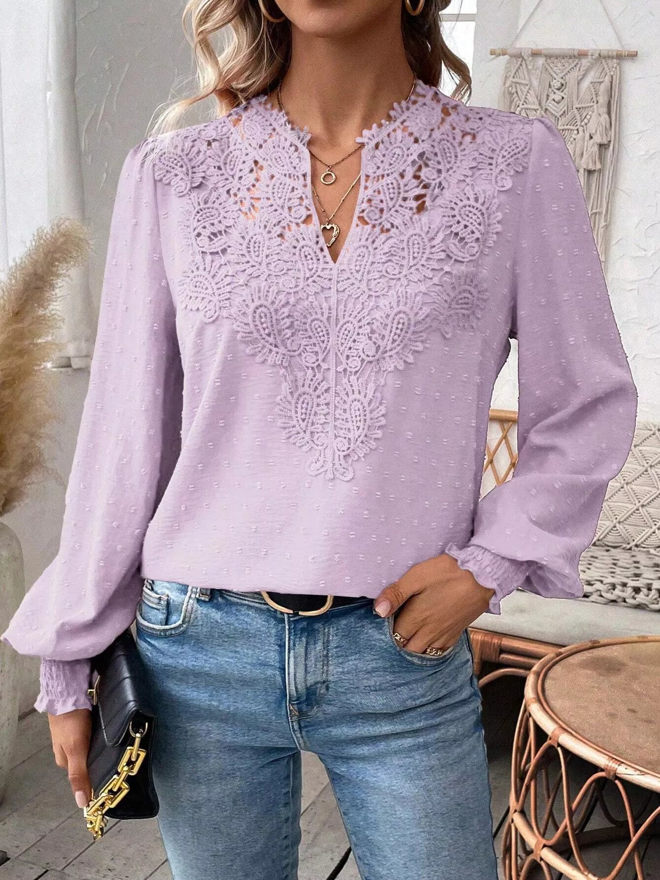 Swiss Dot Lace Detail Long Sleeve Blouse - Flip Flop Dynasty