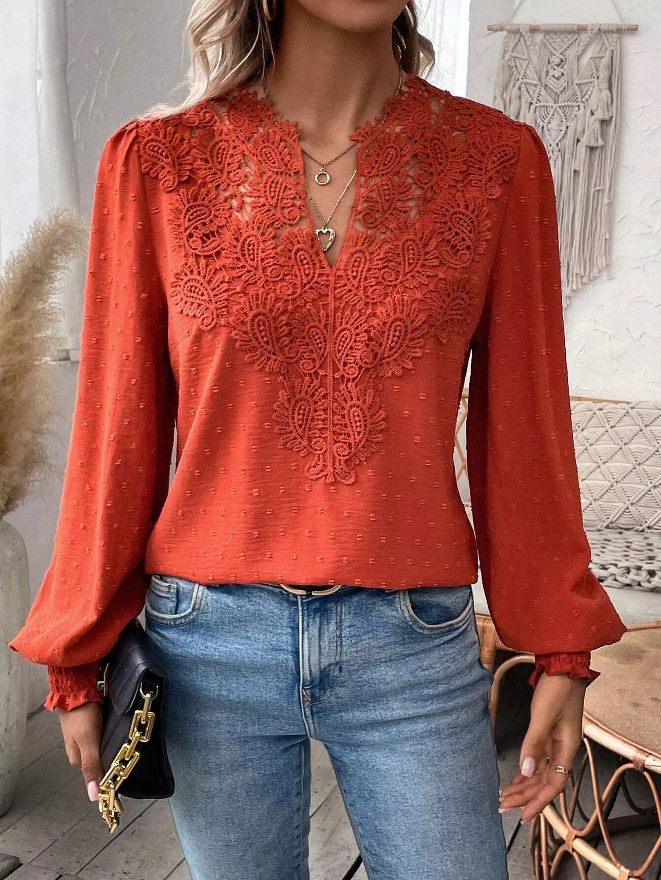 Swiss Dot Lace Detail Long Sleeve Blouse - Flip Flop Dynasty