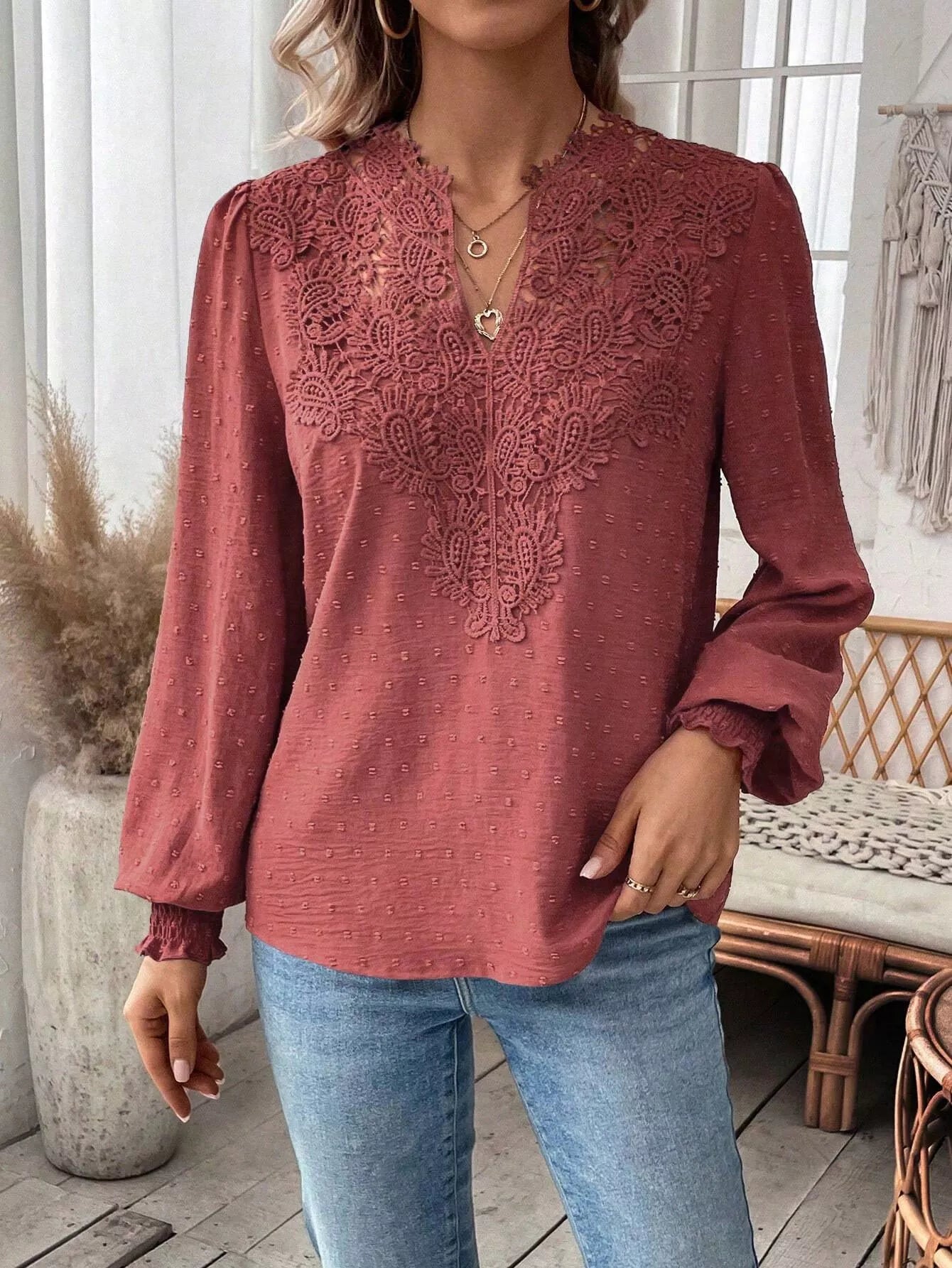 Swiss Dot Lace Detail Long Sleeve Blouse - Flip Flop Dynasty