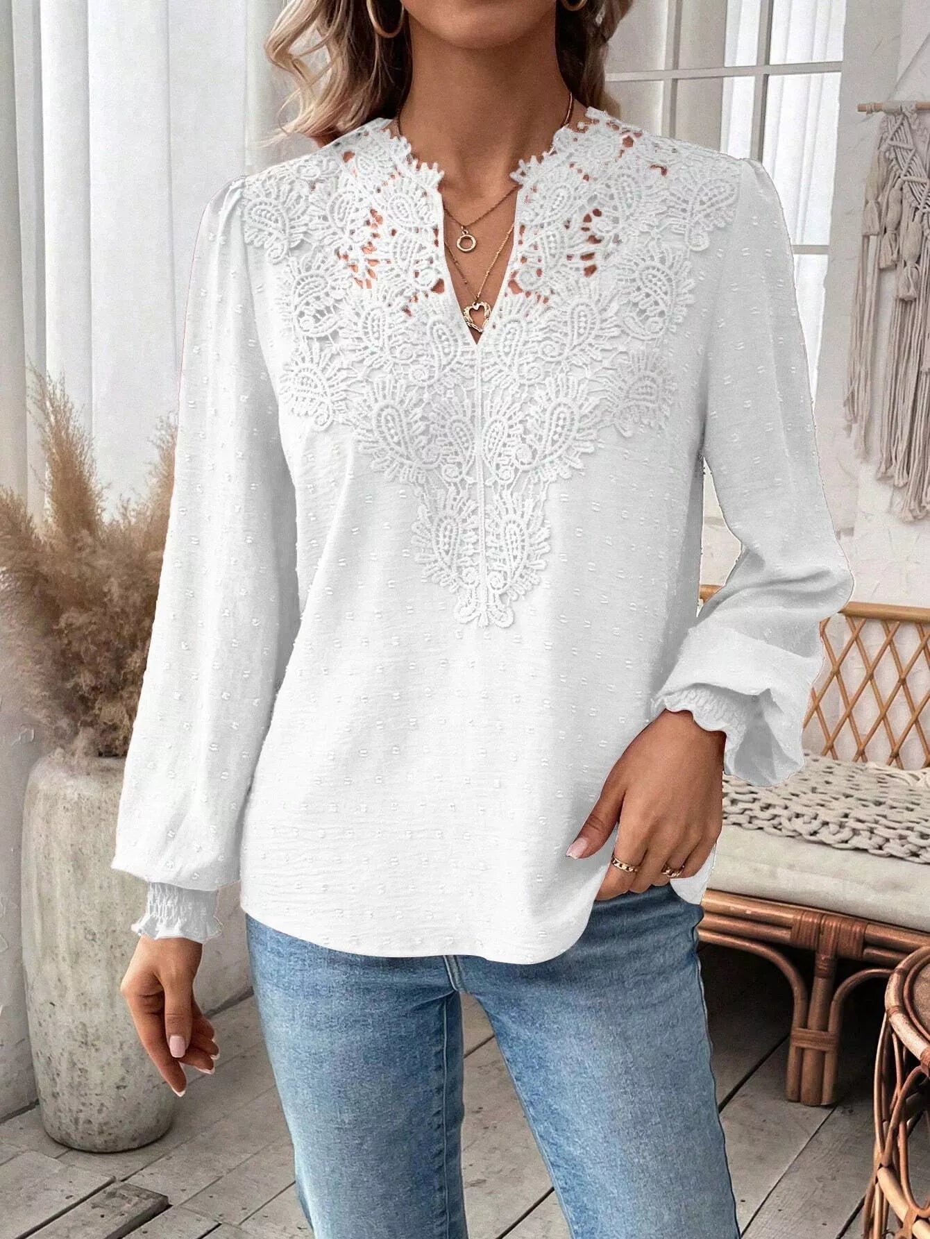 Swiss Dot Lace Detail Long Sleeve Blouse - Flip Flop Dynasty