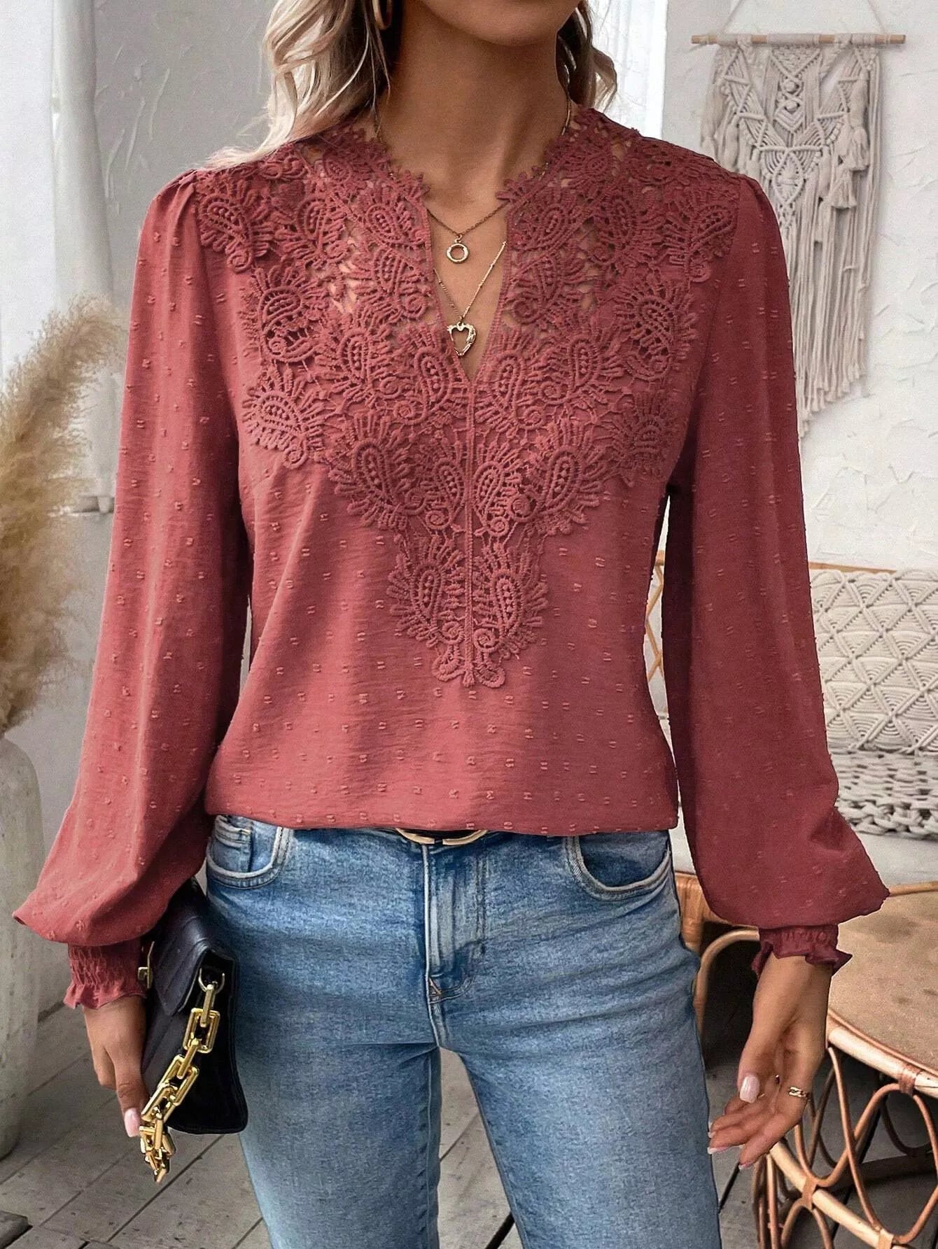 Swiss Dot Lace Detail Long Sleeve Blouse - Flip Flop Dynasty