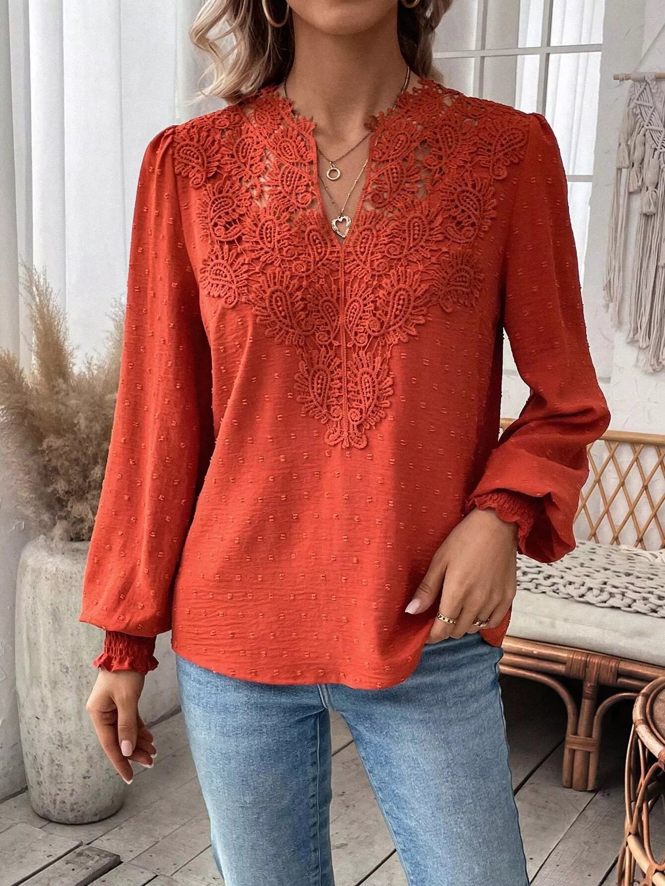 Swiss Dot Lace Detail Long Sleeve Blouse - Flip Flop Dynasty