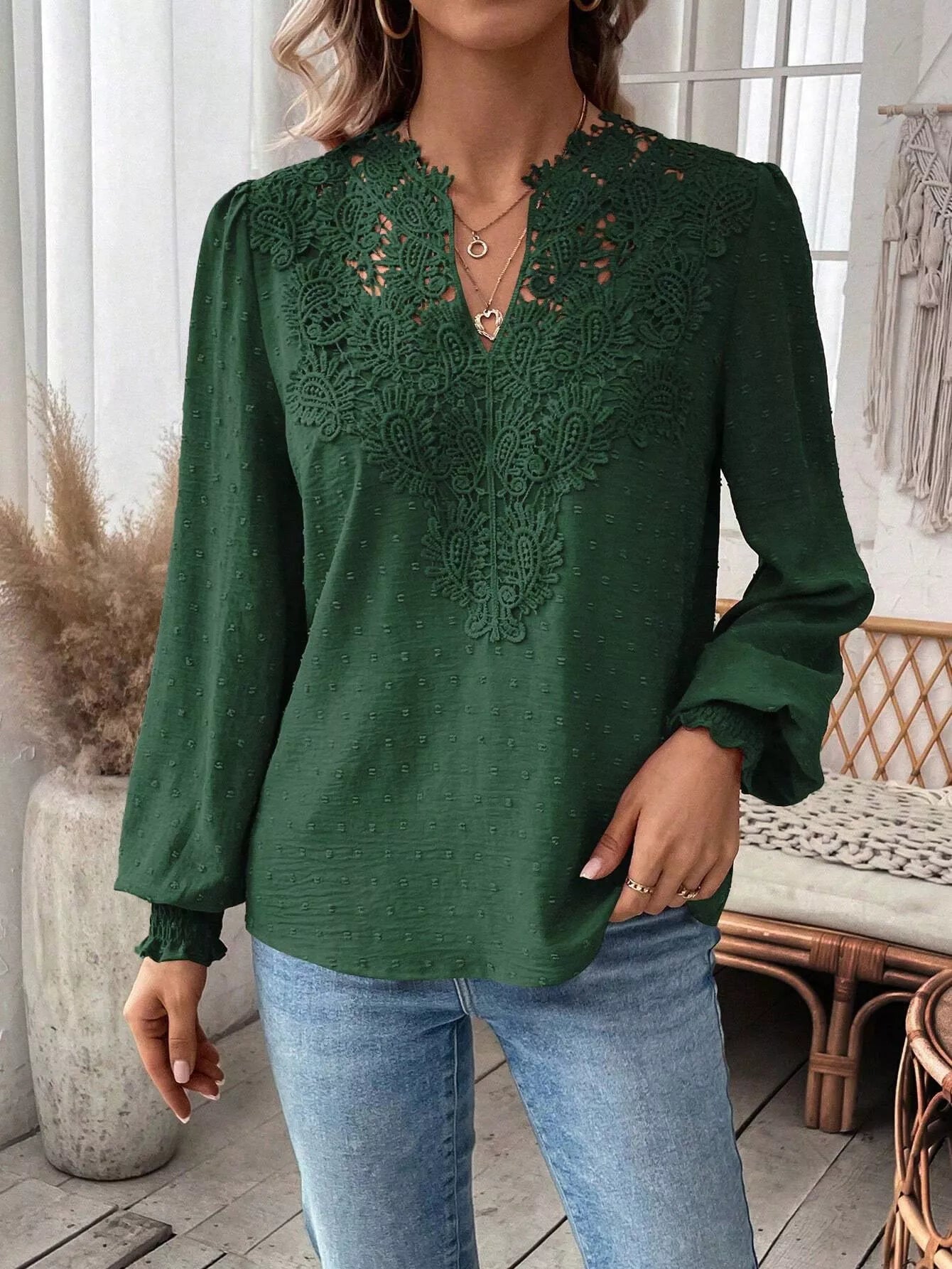 Swiss Dot Lace Detail Long Sleeve Blouse - Flip Flop Dynasty