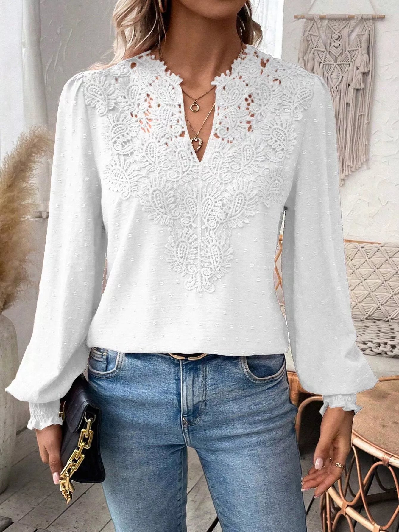Swiss Dot Lace Detail Long Sleeve Blouse - Flip Flop Dynasty
