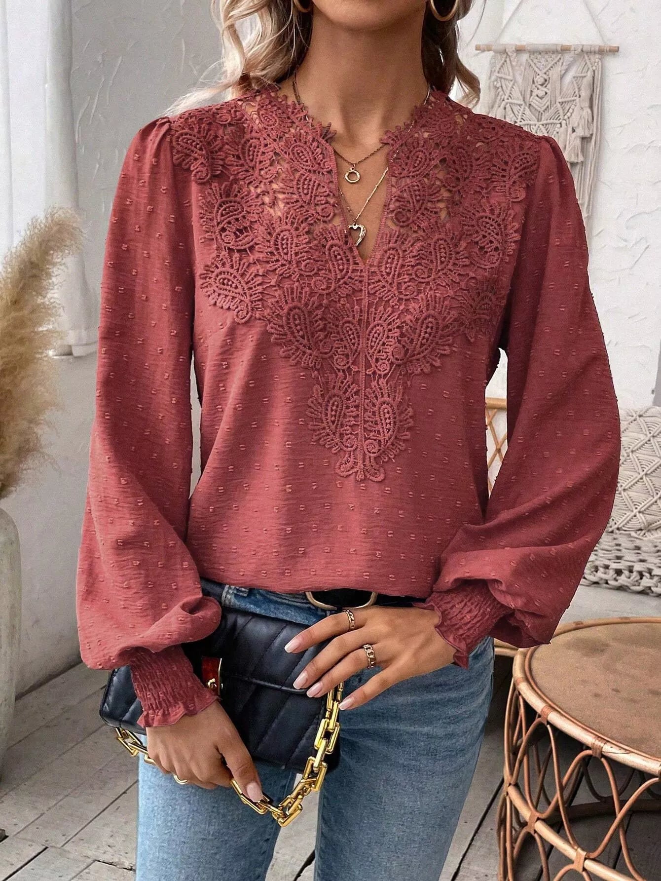Swiss Dot Lace Detail Long Sleeve Blouse - Flip Flop Dynasty