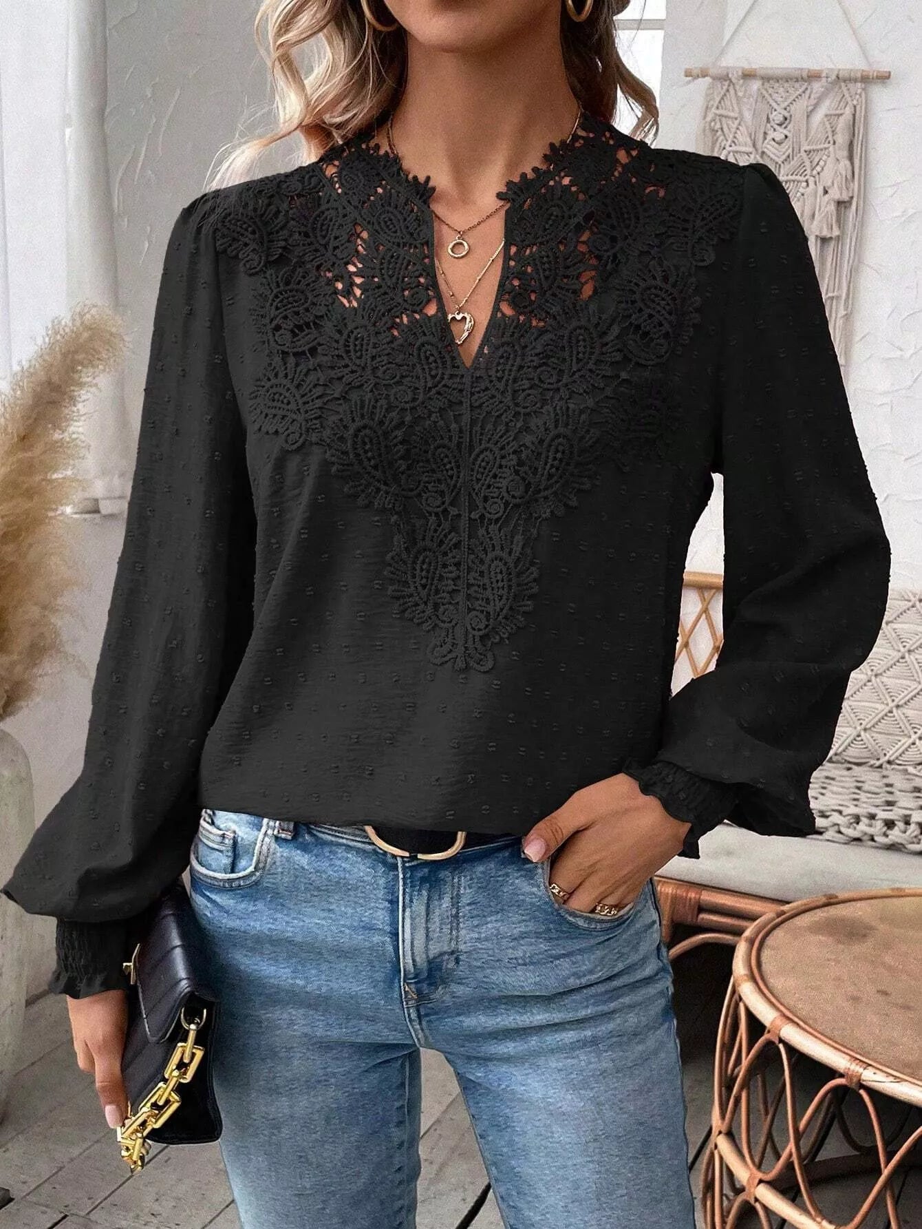 Swiss Dot Lace Detail Long Sleeve Blouse - Flip Flop Dynasty