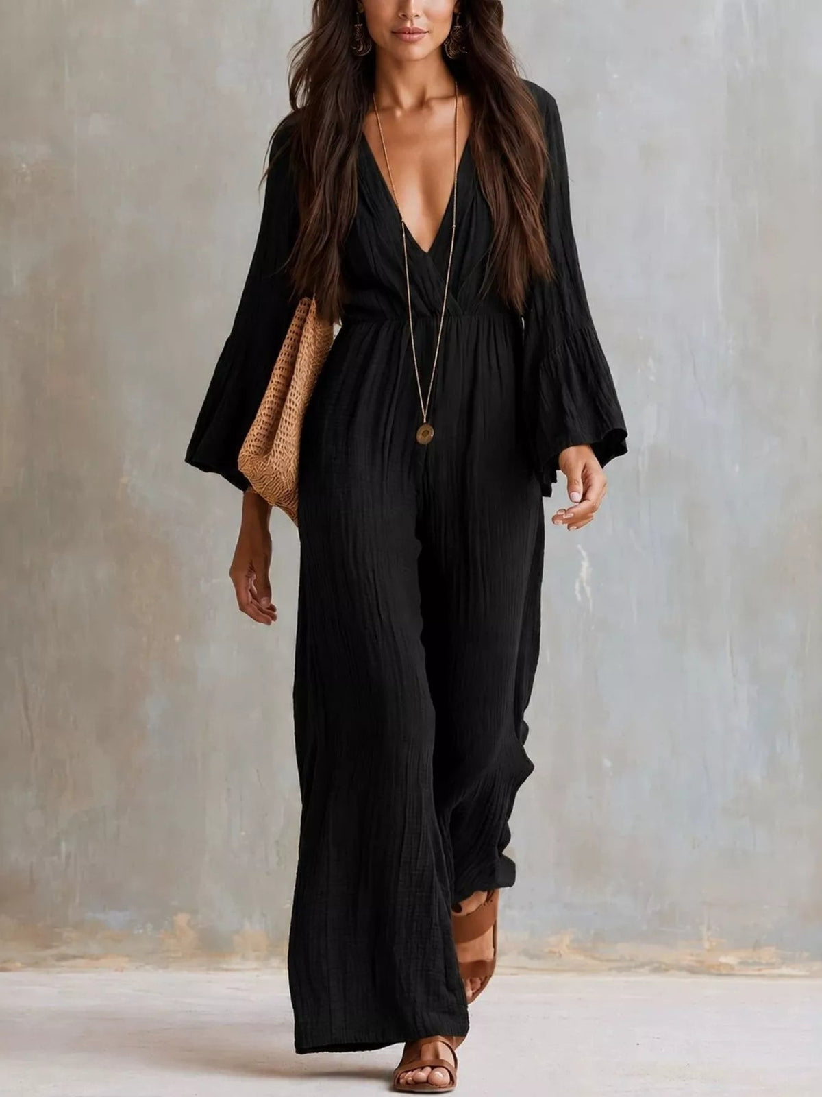 Textured Flare Sleeve Jumpsuit - Flip Flop Dynasty