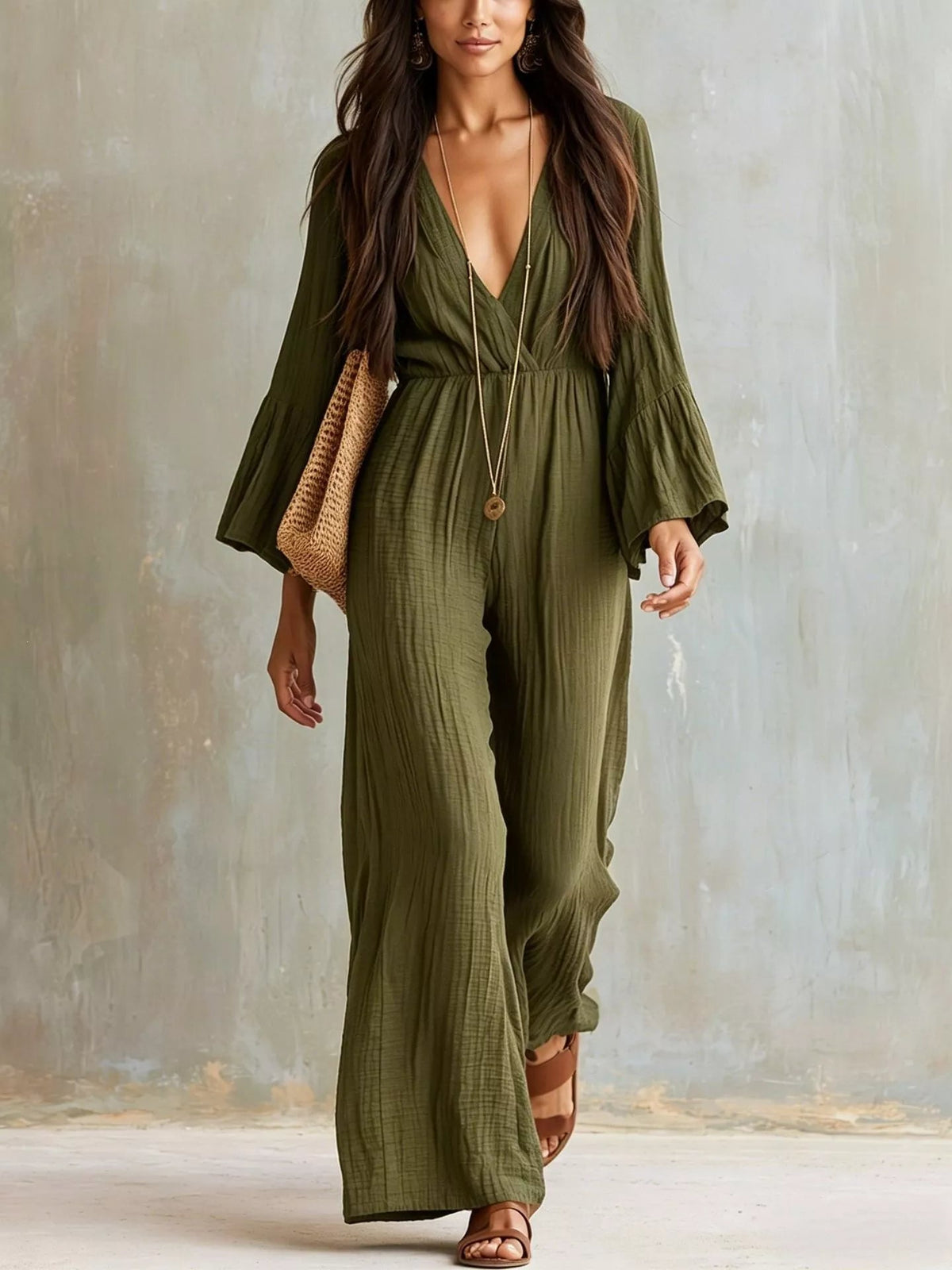 Textured Flare Sleeve Jumpsuit - Flip Flop Dynasty