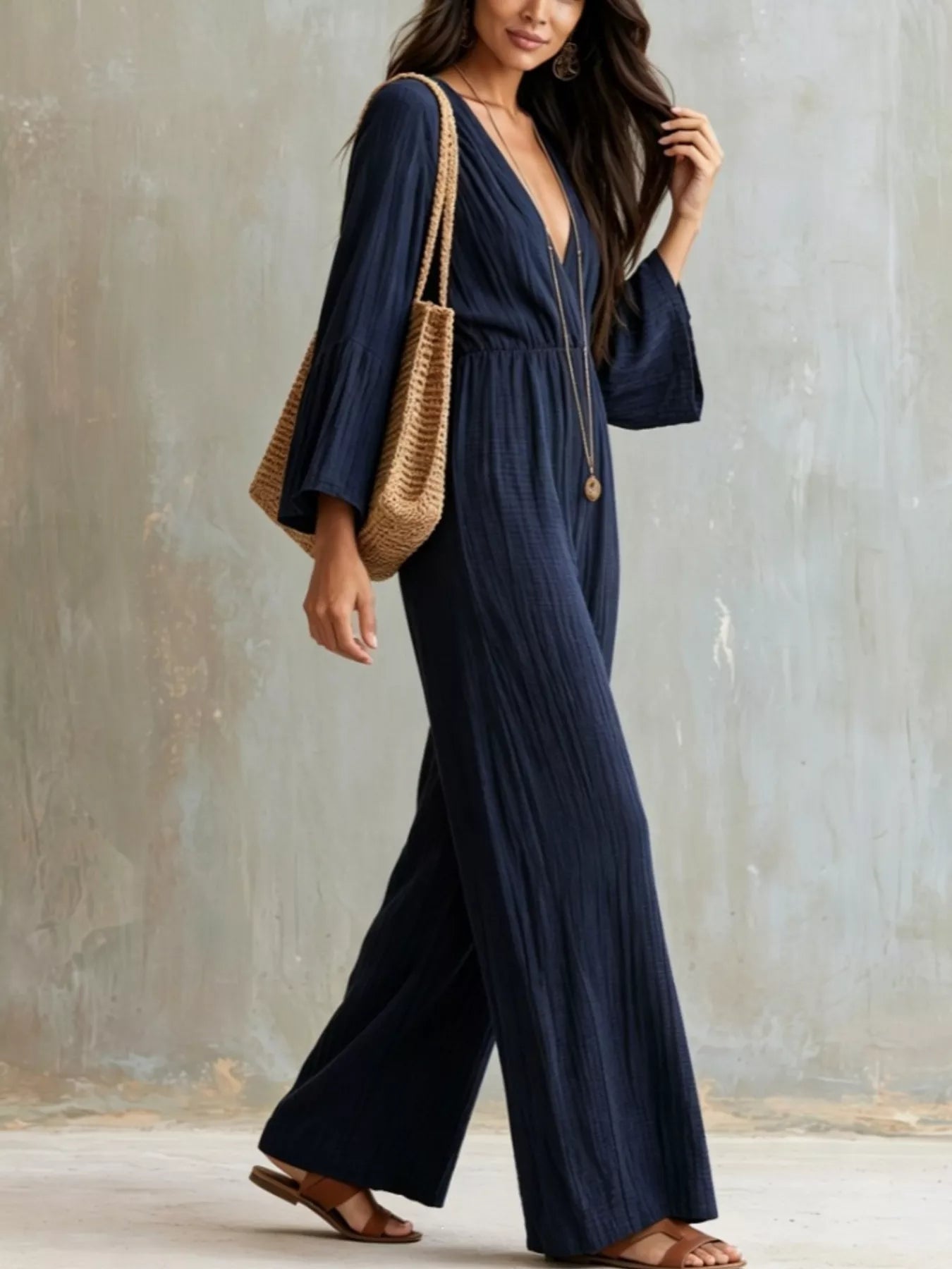 Textured Flare Sleeve Jumpsuit - Flip Flop Dynasty
