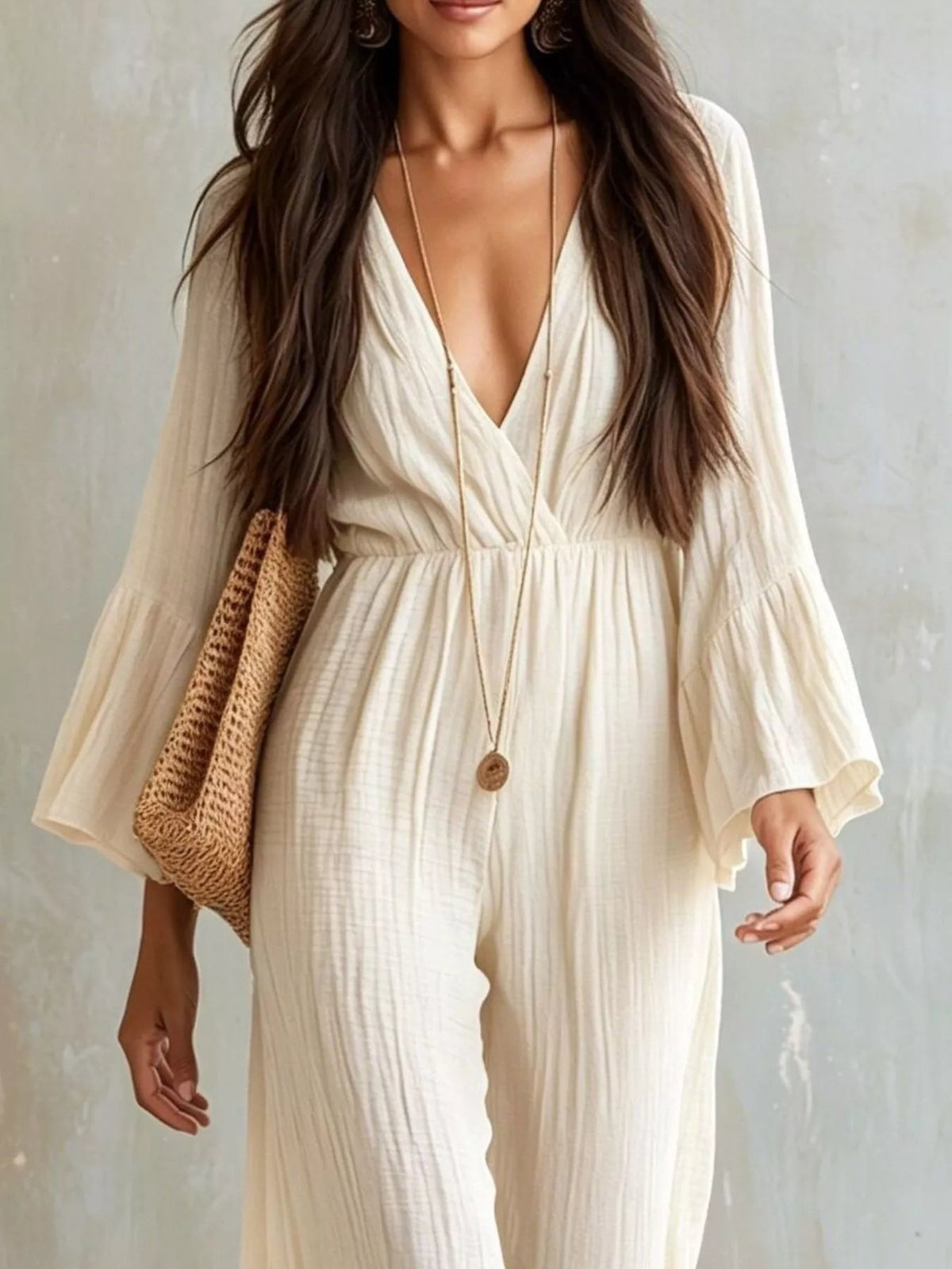 Textured Flare Sleeve Jumpsuit - Flip Flop Dynasty