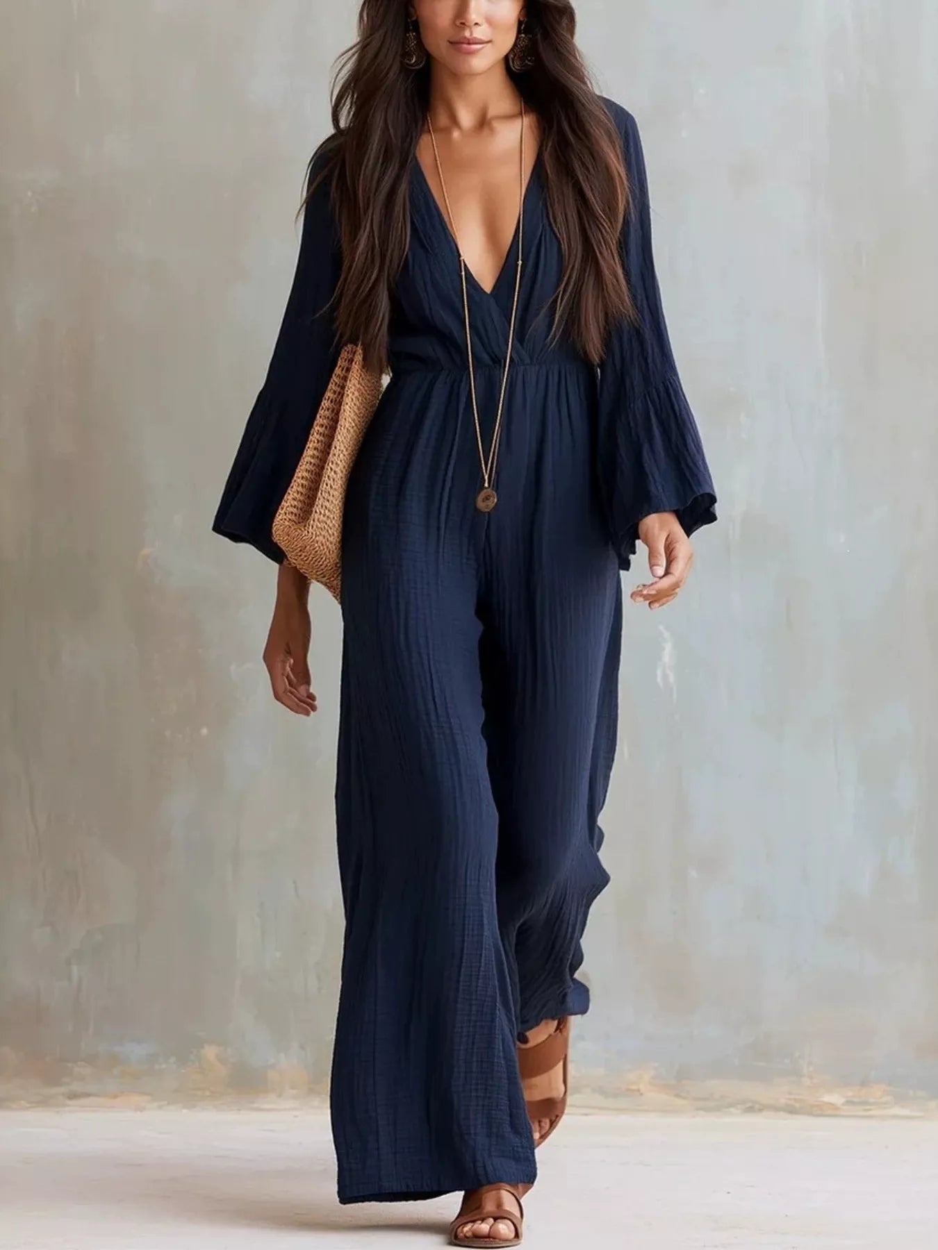 Textured Flare Sleeve Jumpsuit - Flip Flop Dynasty