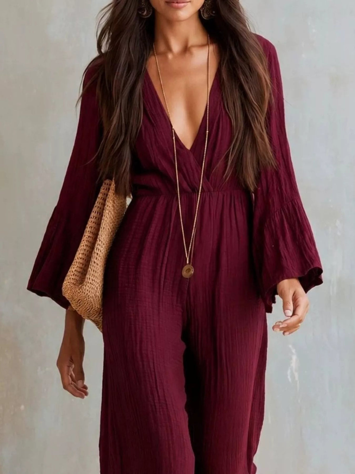 Textured Flare Sleeve Jumpsuit - Flip Flop Dynasty