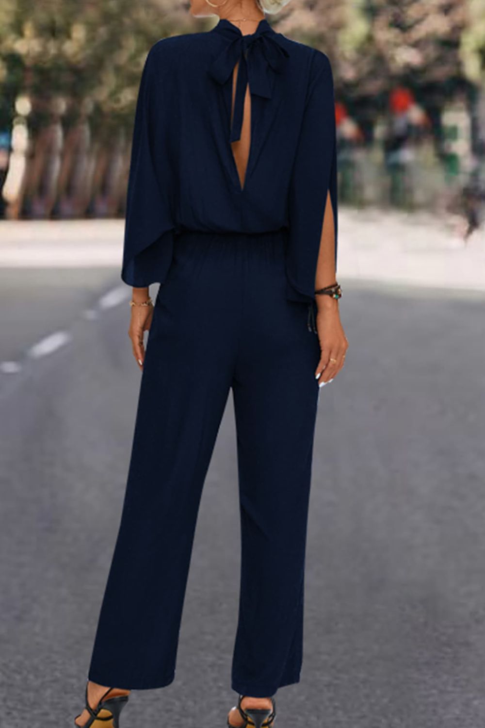 Tie Back Mock Neck Split Sleeve Jumpsuit - Flip Flop Dynasty