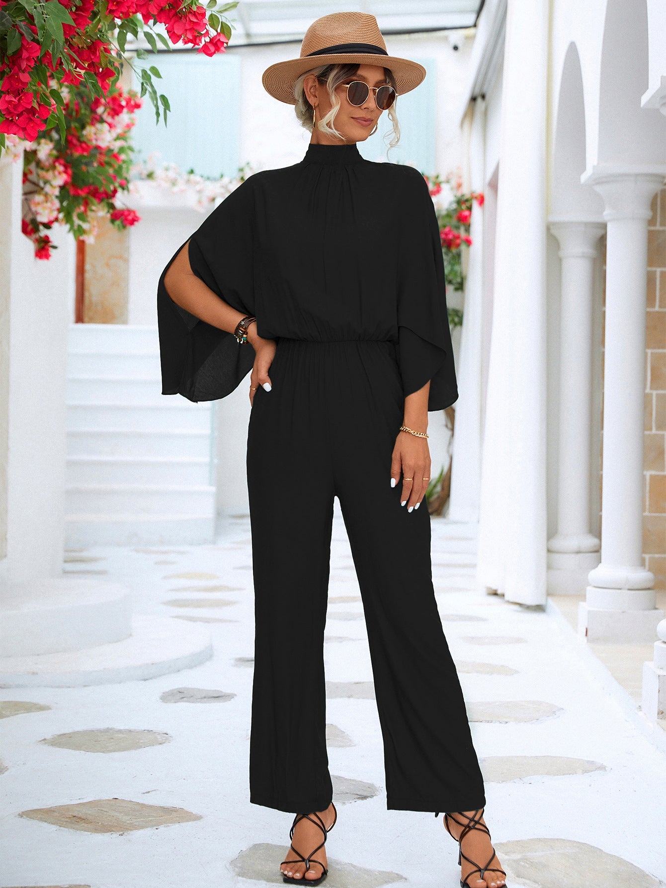 Tie Back Mock Neck Split Sleeve Jumpsuit - Flip Flop Dynasty