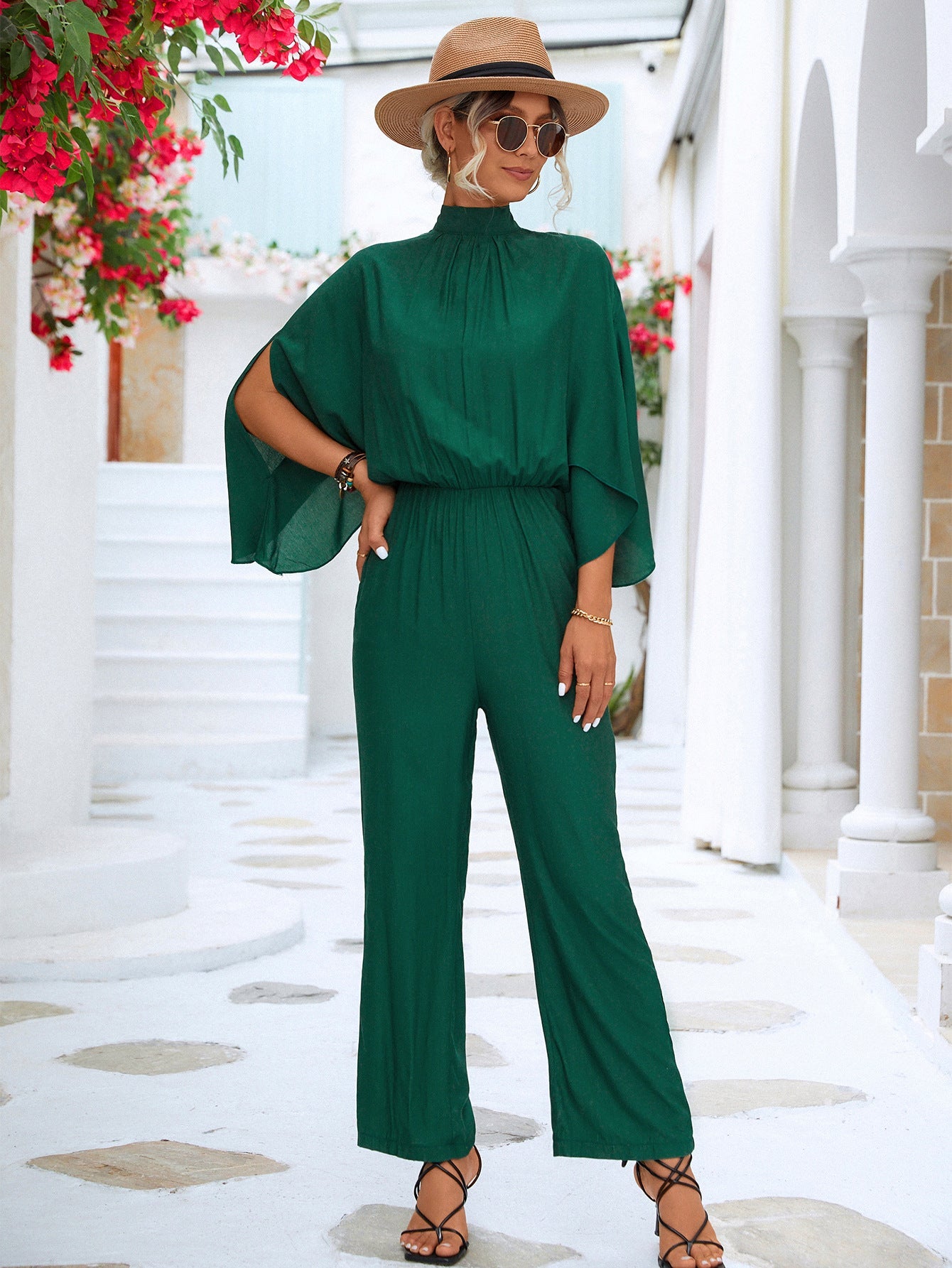 Tie Back Mock Neck Split Sleeve Jumpsuit - Flip Flop Dynasty