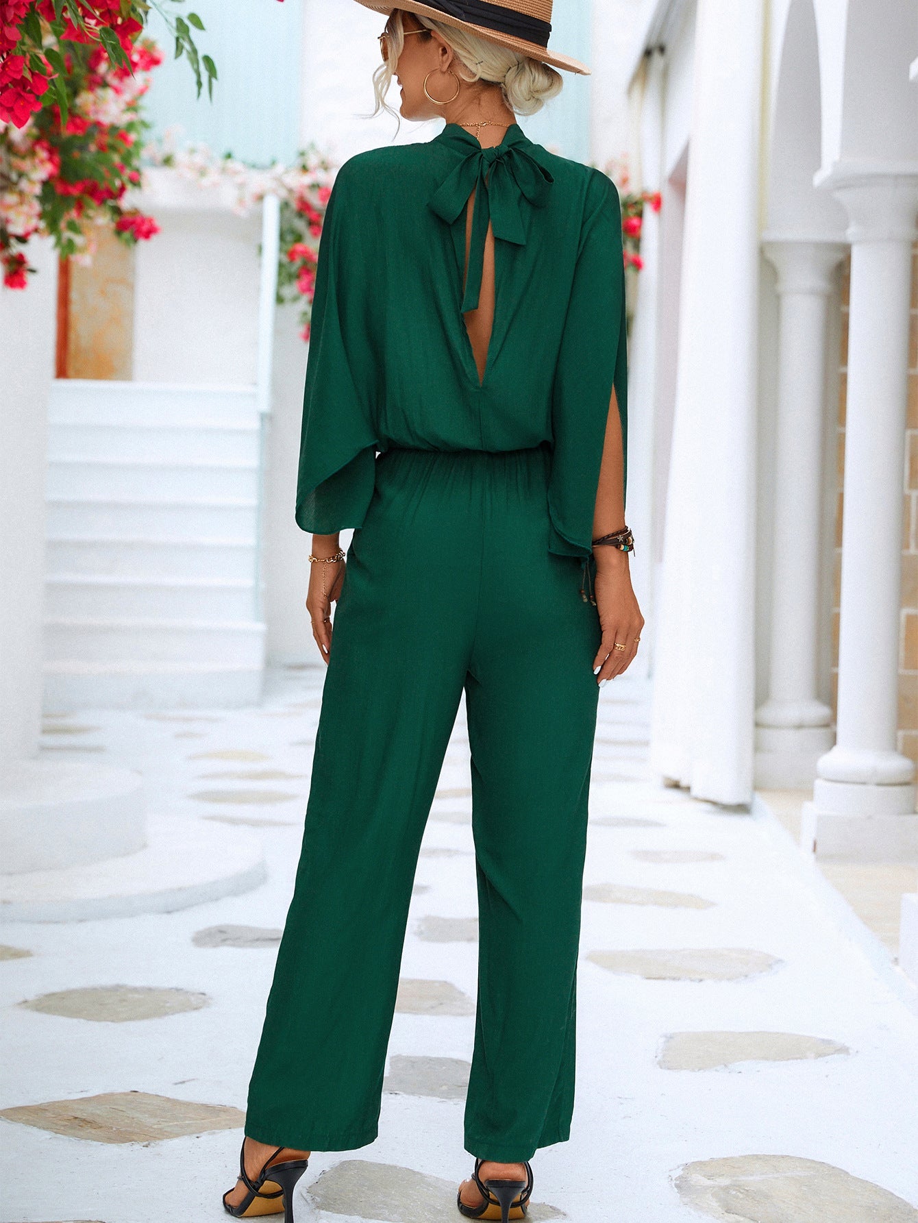 Tie Back Mock Neck Split Sleeve Jumpsuit - Flip Flop Dynasty