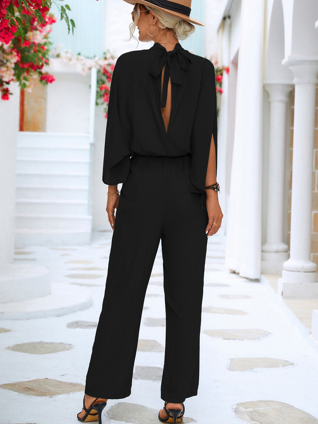 Tie Back Mock Neck Split Sleeve Jumpsuit - Flip Flop Dynasty