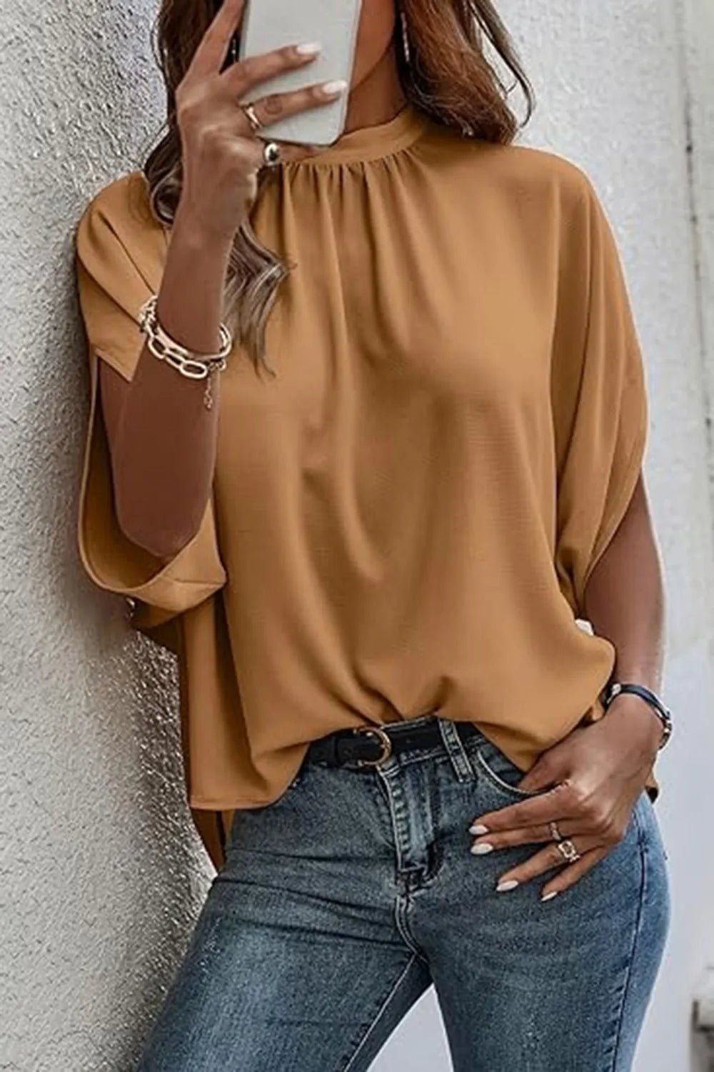 Tie Back Slit Half Sleeve Blouse - Flip Flop Dynasty