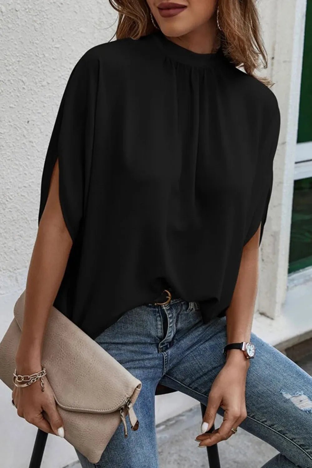 Tie Back Slit Half Sleeve Blouse - Flip Flop Dynasty