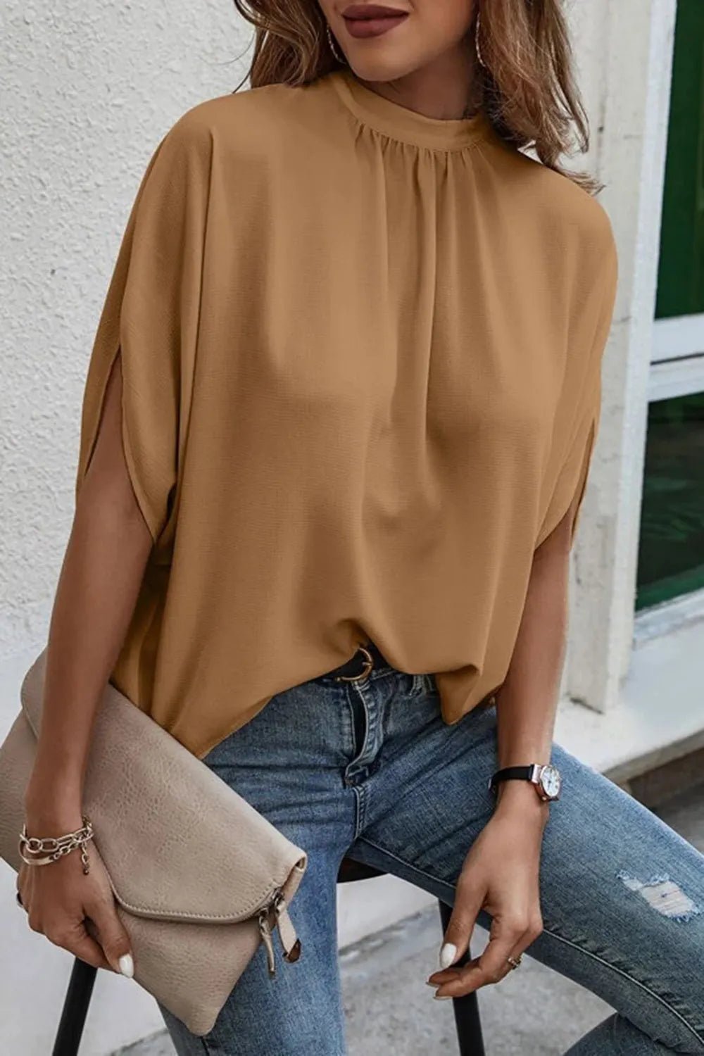 Tie Back Slit Half Sleeve Blouse - Flip Flop Dynasty