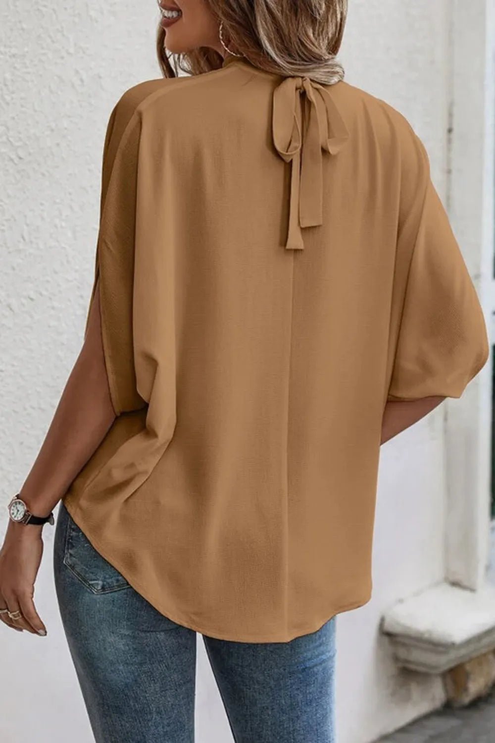 Tie Back Slit Half Sleeve Blouse - Flip Flop Dynasty