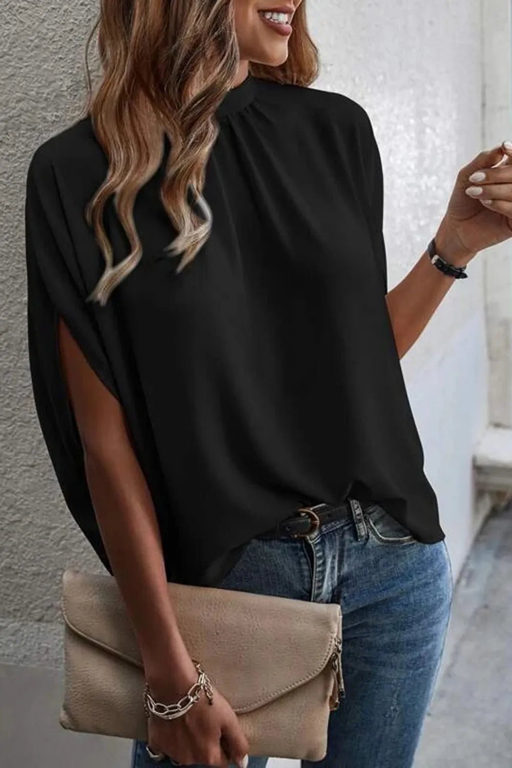 Tie Back Slit Half Sleeve Blouse - Flip Flop Dynasty
