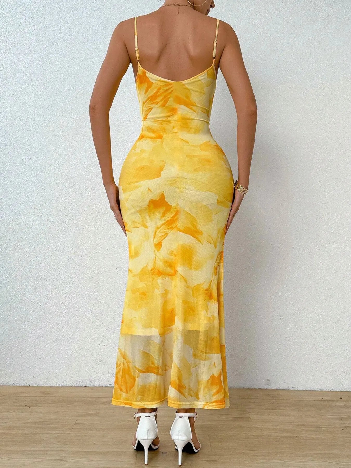 Tie - Dye Ruched Bodycon Mesh Cami Maxi Dress - Flip Flop Dynasty