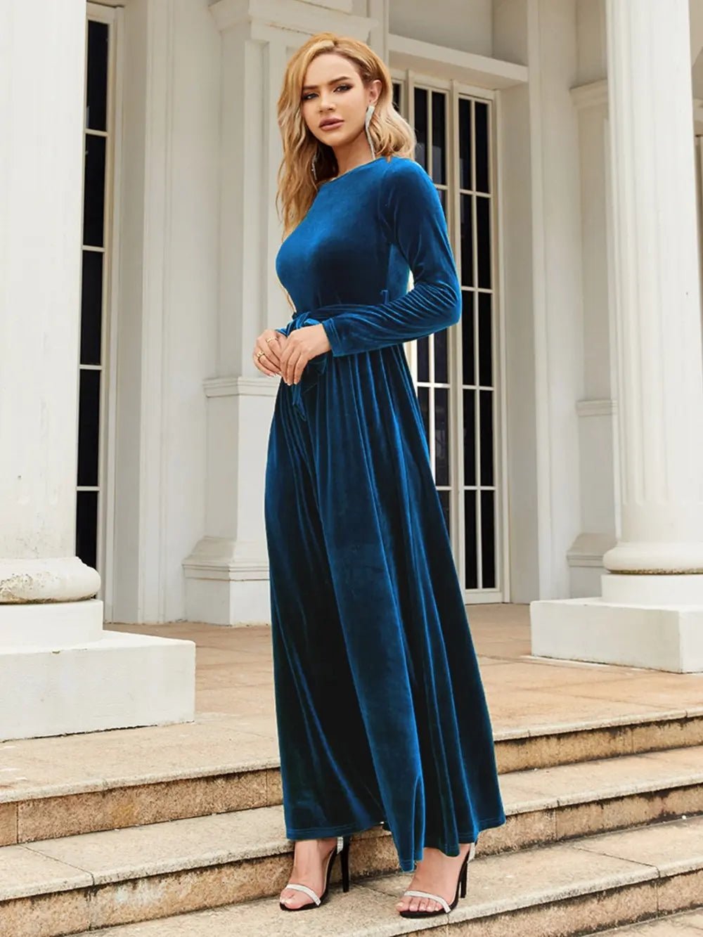 Tie Front Round Neck Long Sleeve Maxi Dress - Flip Flop Dynasty