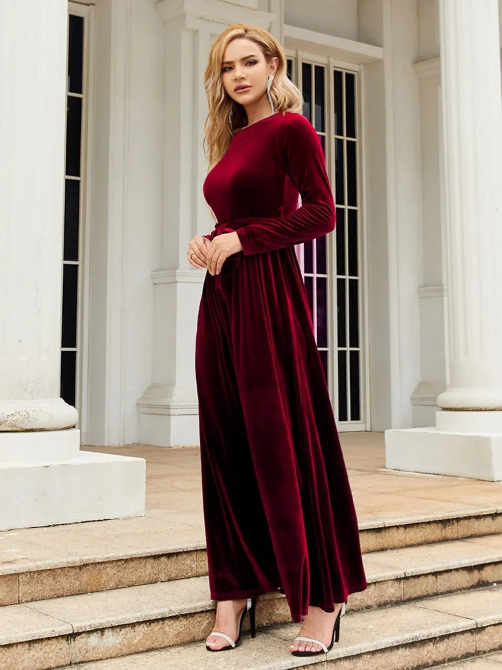 Tie Front Round Neck Long Sleeve Maxi Dress - Flip Flop Dynasty