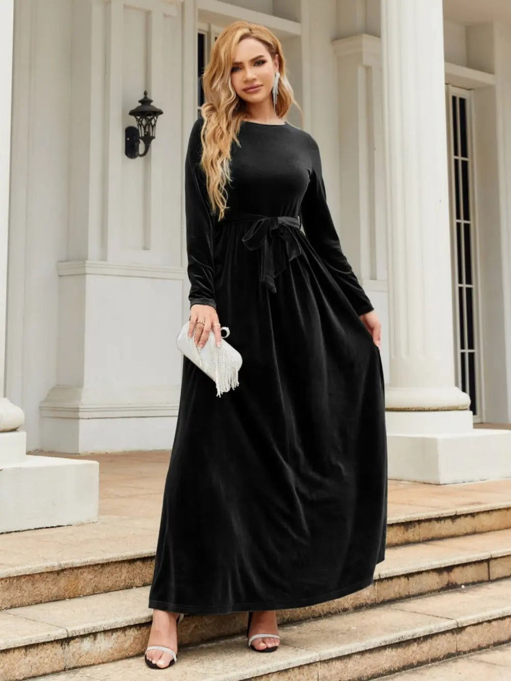 Tie Front Round Neck Long Sleeve Maxi Dress - Flip Flop Dynasty