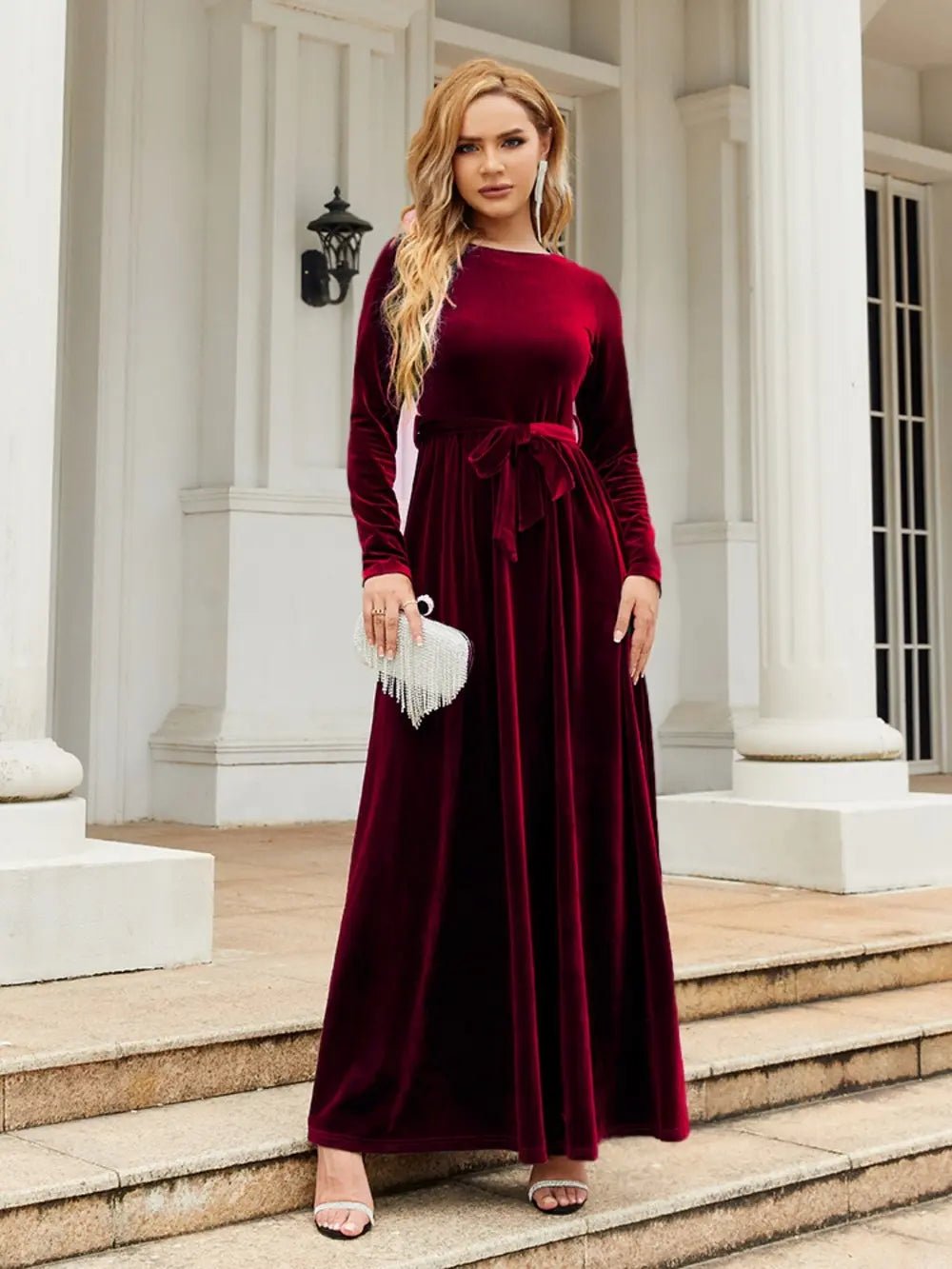 Tie Front Round Neck Long Sleeve Maxi Dress - Flip Flop Dynasty