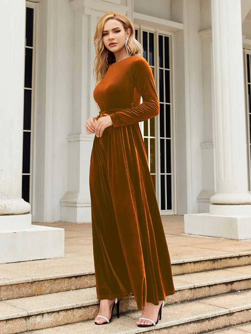 Tie Front Round Neck Long Sleeve Maxi Dress - Flip Flop Dynasty