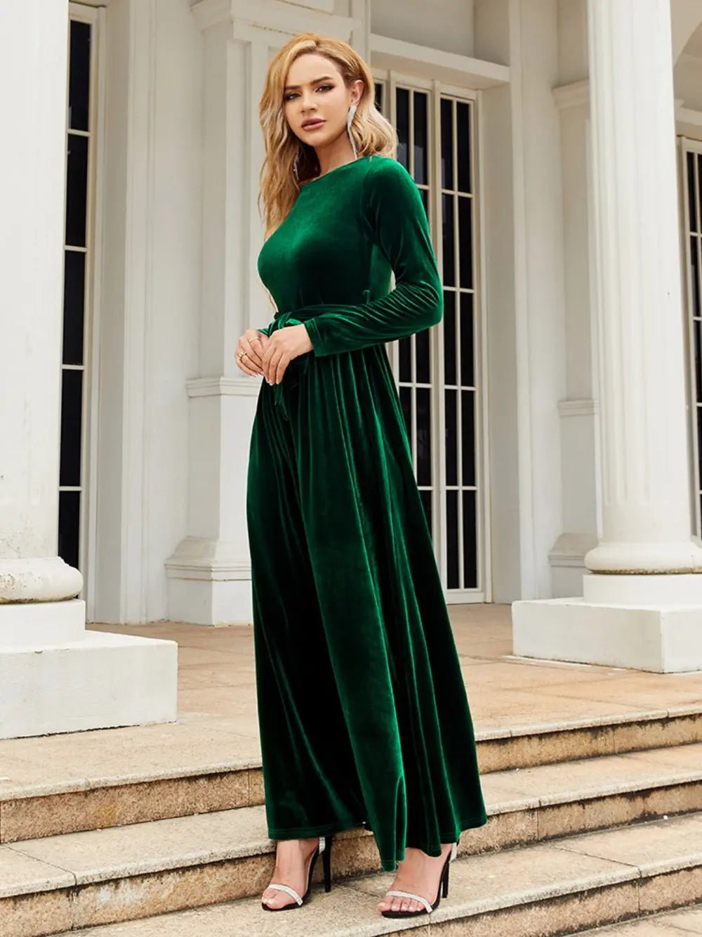 Tie Front Round Neck Long Sleeve Maxi Dress - Flip Flop Dynasty