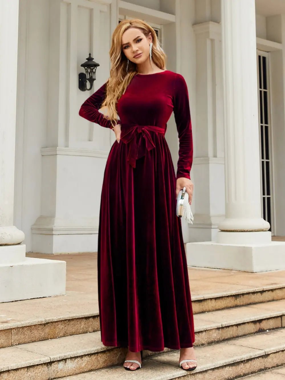 Tie Front Round Neck Long Sleeve Maxi Dress - Flip Flop Dynasty