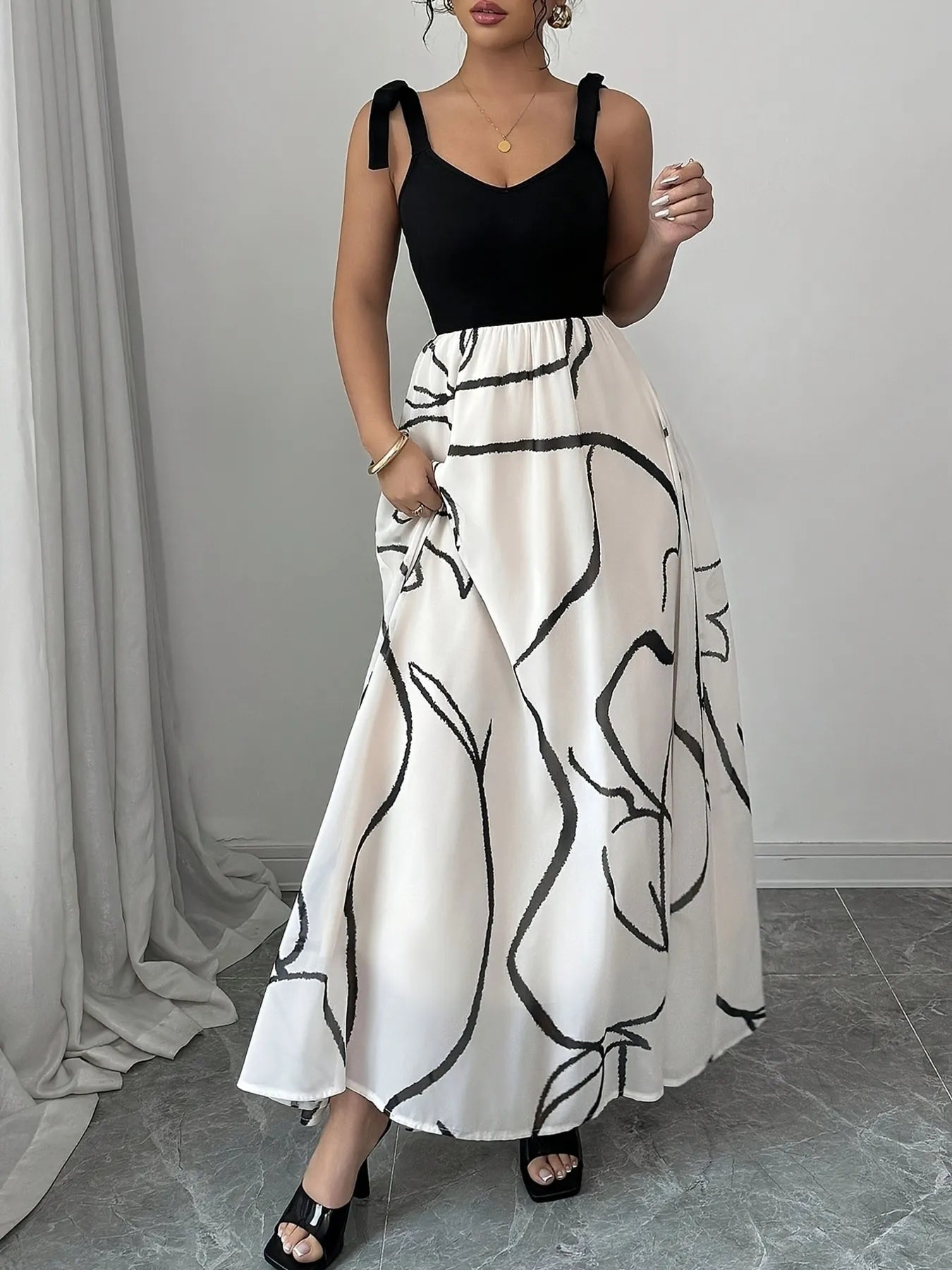 Tie Shoulder V - Neck Maxi Dress - Flip Flop Dynasty