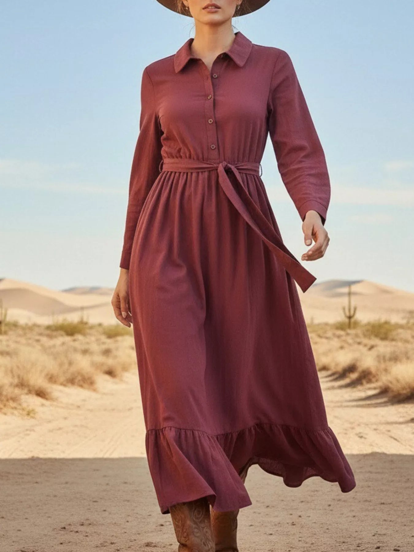 Tie Waist Long Sleeve Ruffled Hem Dress - Flip Flop Dynasty