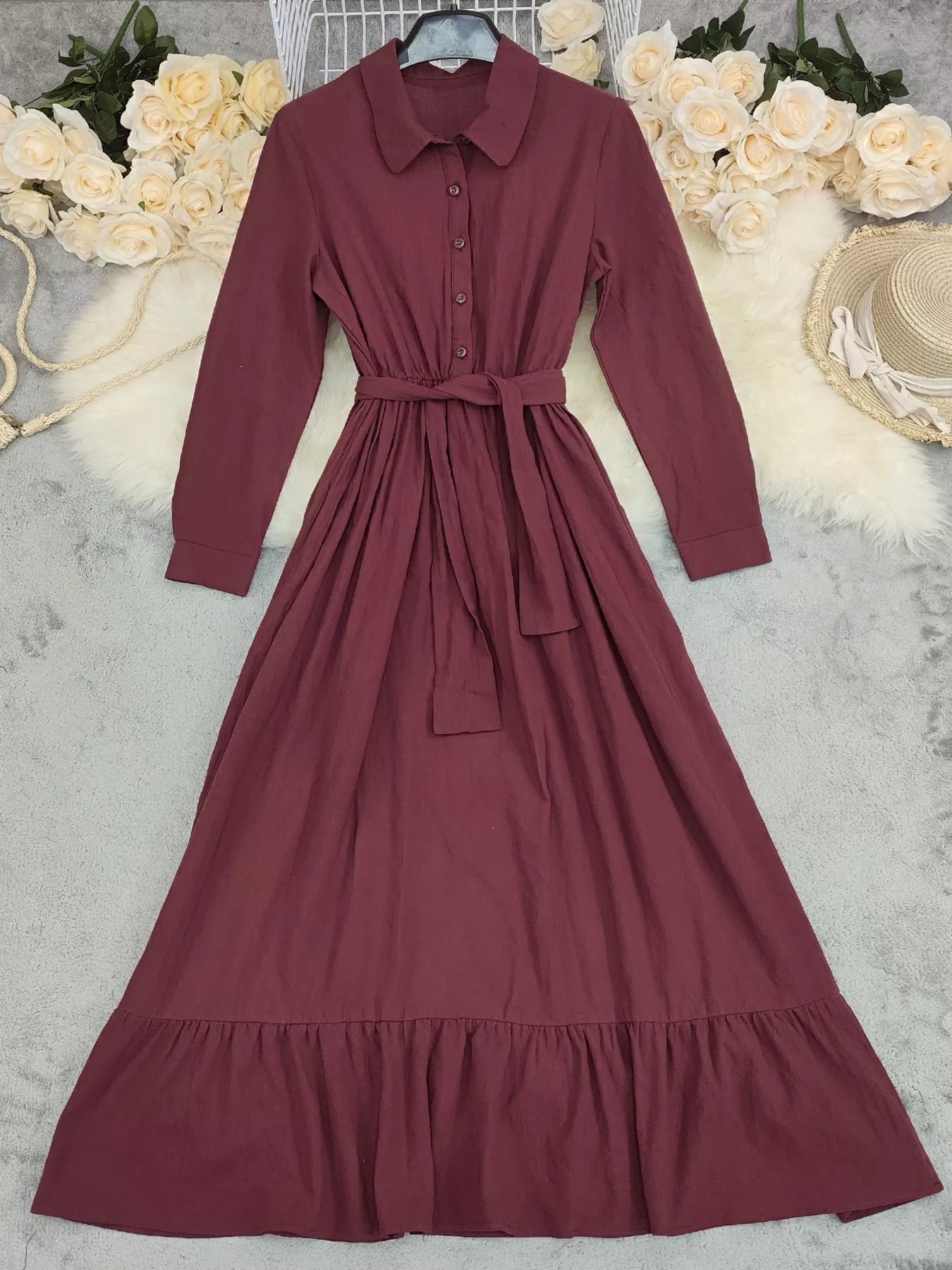 Tie Waist Long Sleeve Ruffled Hem Dress - Flip Flop Dynasty